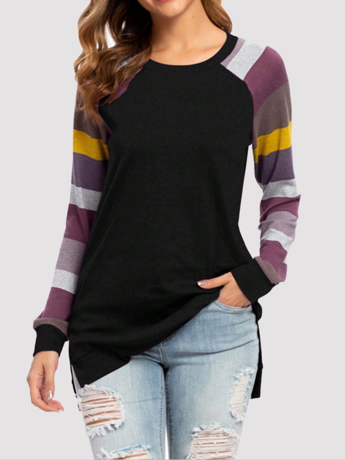 Trendsi Fall Black / S Color Block Round Neck Long Sleeve T-Shirt Color Block Round Neck Long Sleeve T-Shirt