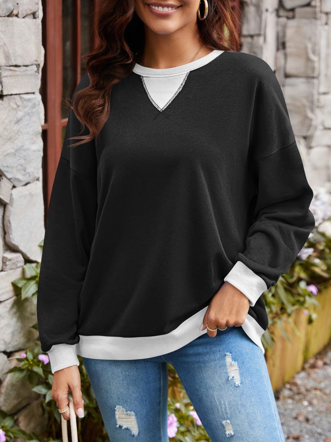 Trendsi Fall Black / S Contrast Round Neck Long Sleeve Sweatshirt Contrast Round Neck Long Sleeve Sweatshirt