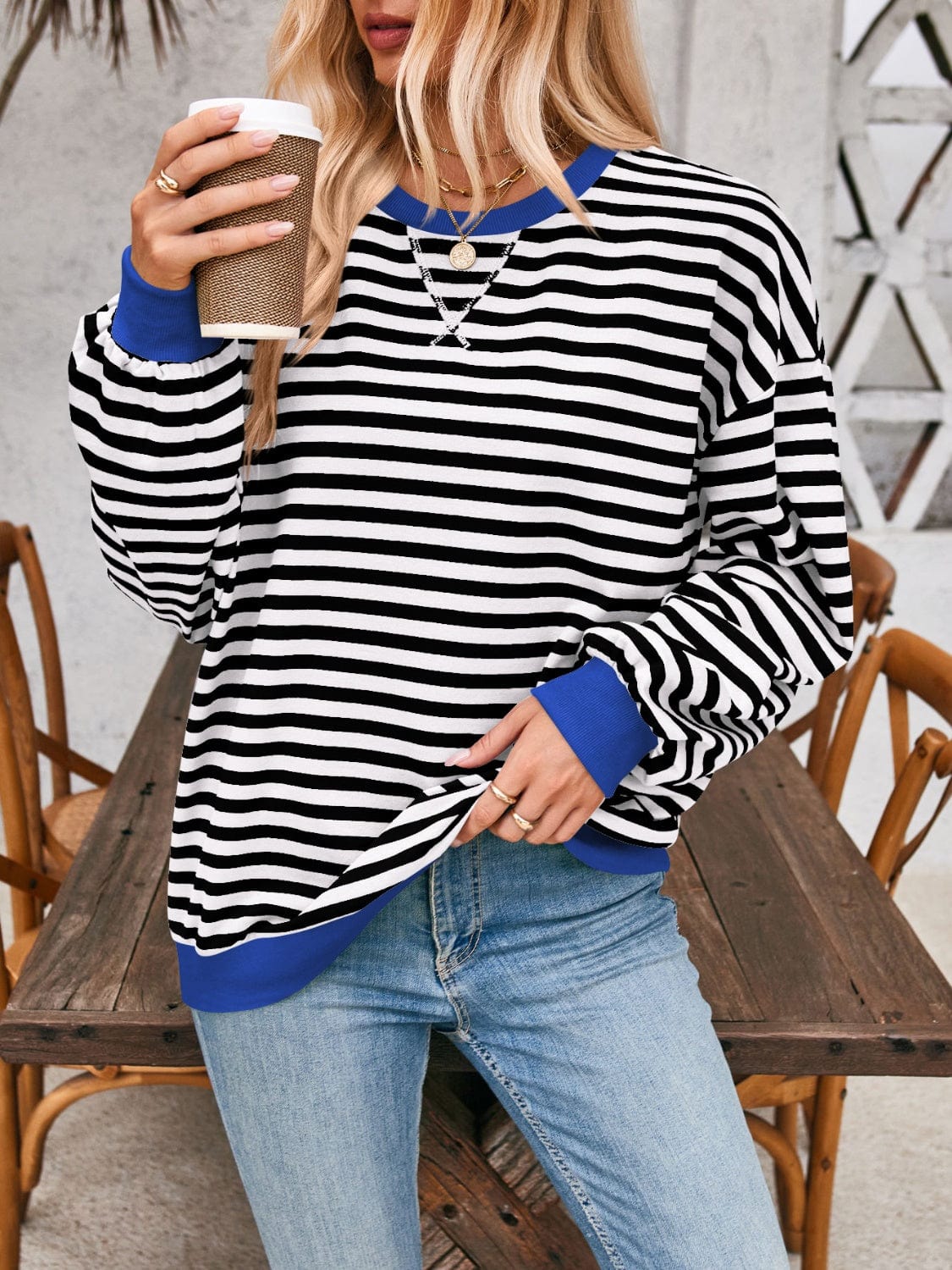 Trendsi Fall Black / S Contrast Striped Long Sleeve Sweatshirt Contrast Striped Long Sleeve Sweatshirt
