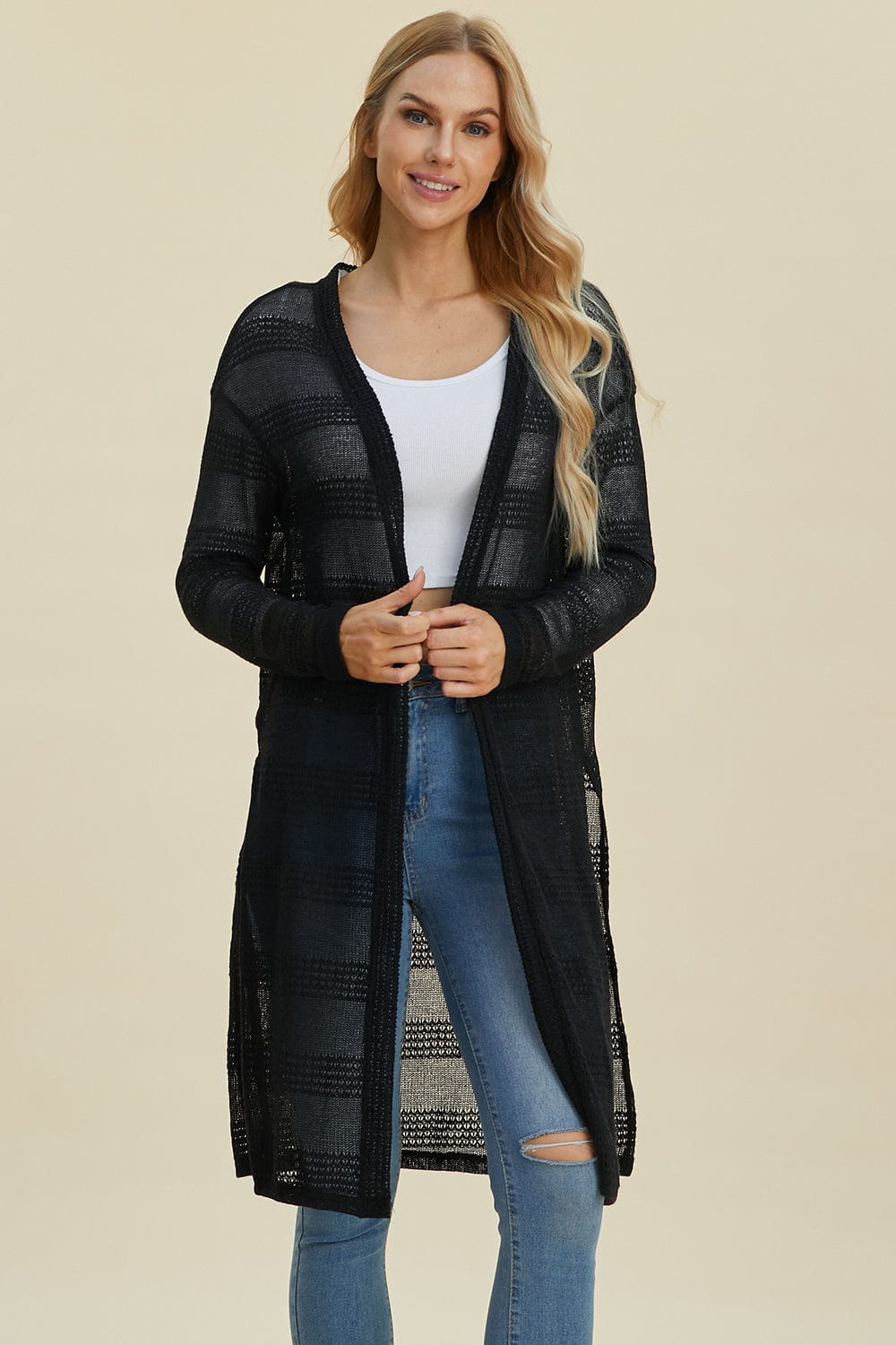 Trendsi Fall Black / S Double Take Full Size Open Front Longline Cardigan Double Take Full Size Open Front Longline Cardigan