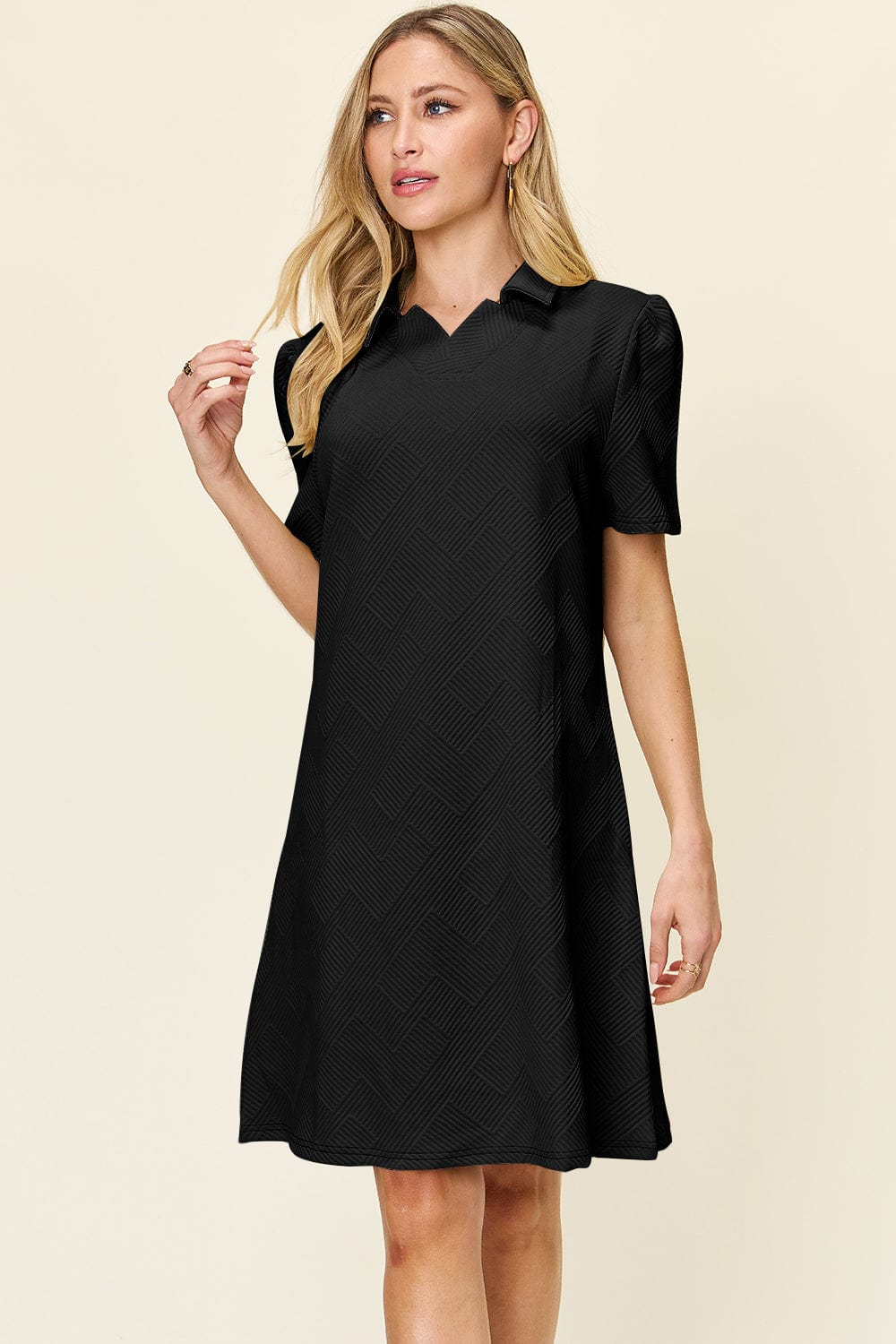 Trendsi Fall Black / S Double Take Full Size Texture Collared Neck Short Sleeve Dress Double Take Full Size Texture Collared Neck Short Sleeve Dress