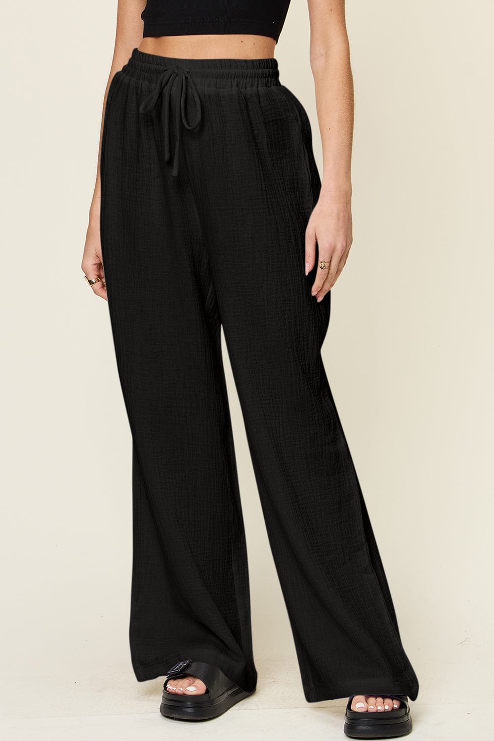 Trendsi Fall Black / S Double Take Full Size Texture Drawstring Wide Leg Pants Double Take Full Size Texture Drawstring Wide Leg Pants