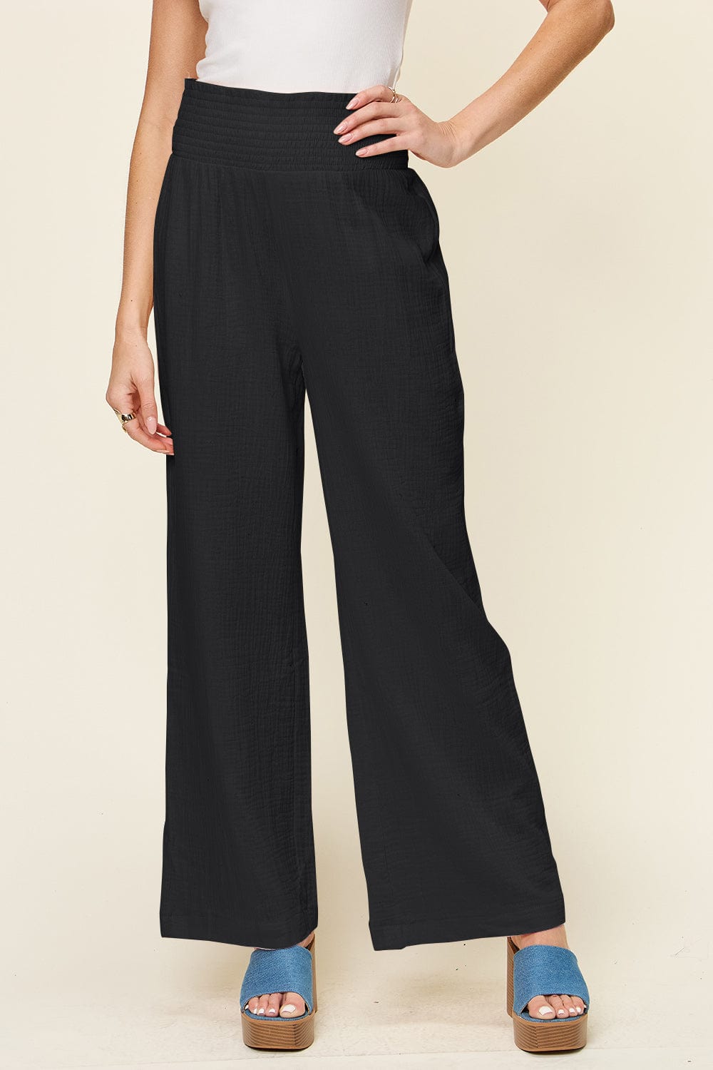 Trendsi Fall Black / S Double Take Full Size Texture Smocked Waist Wide Leg Pants Double Take Full Size Texture Smocked Waist Wide Leg Pants