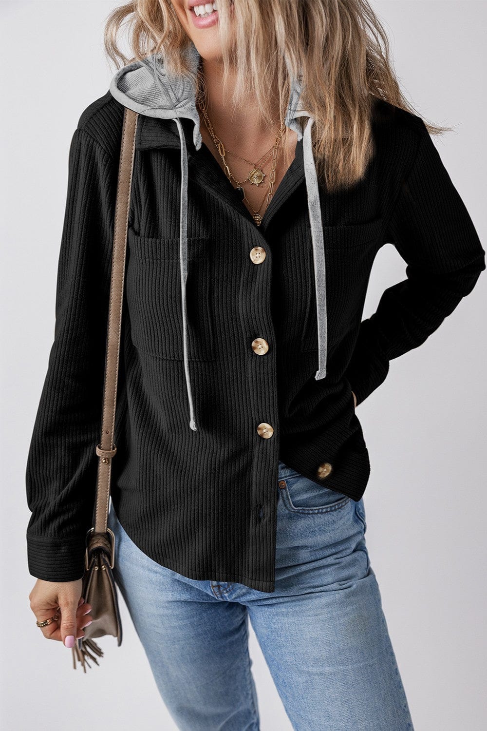 Trendsi Fall Black / S Drawstring Button Up Long Sleeve Hooded Jacket Drawstring Button Up Long Sleeve Hooded Jacket