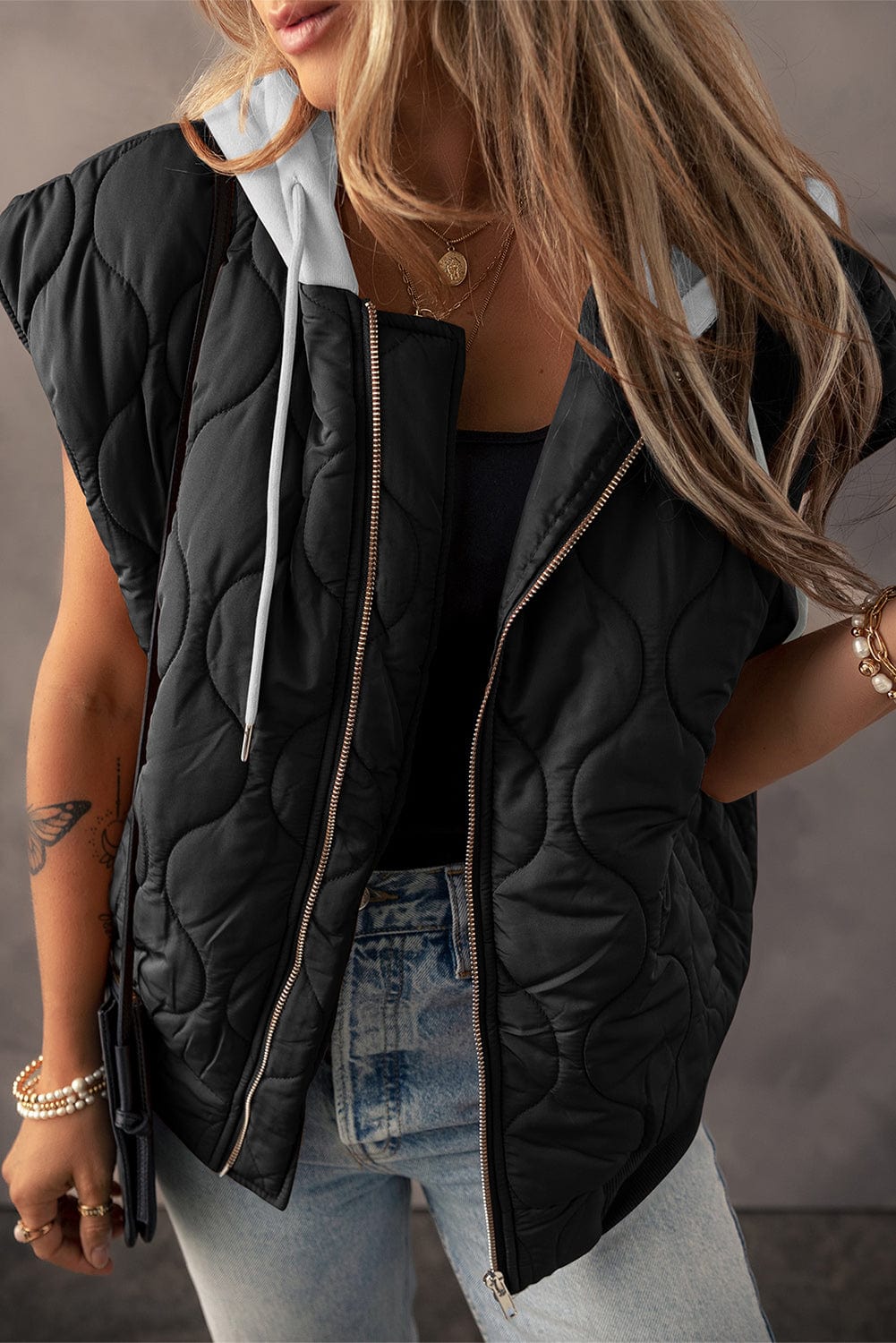 Trendsi Fall Black / S Drawstring Zip Up Hooded Vest Coat Drawstring Zip Up Hooded Vest Coat