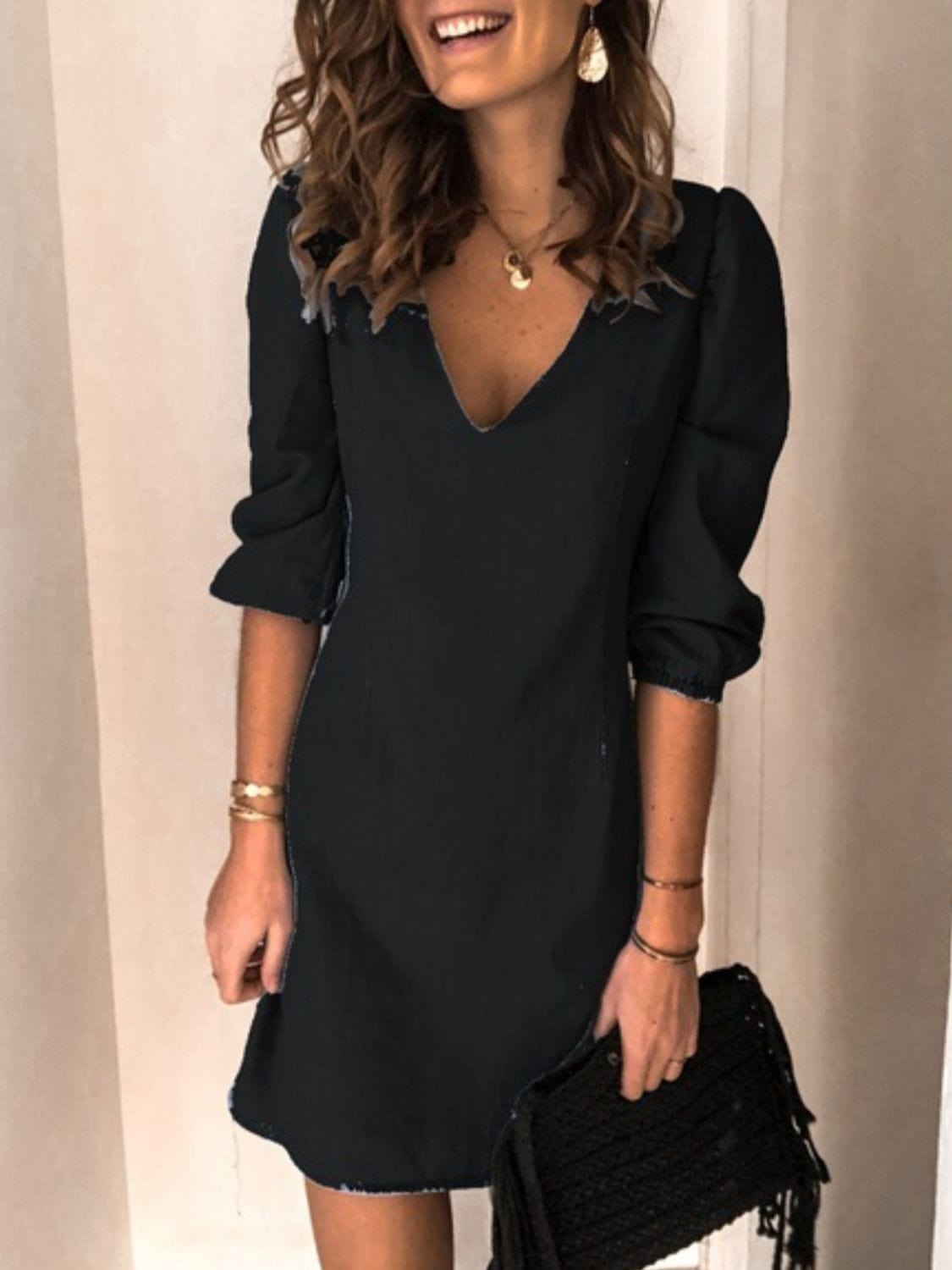 Trendsi Fall Black / S Full Size V-Neck Half Sleeve Dress Full Size V-Neck Half Sleeve Dress