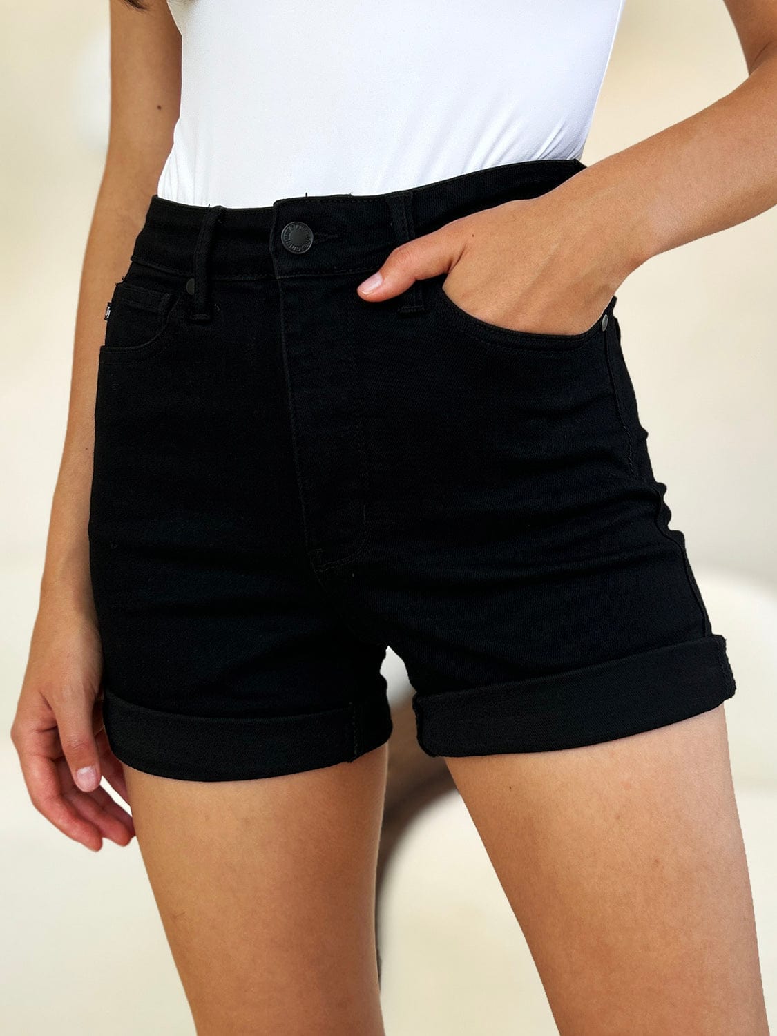 Trendsi Fall Black / S Judy Blue Full Size High Waist Tummy Control Cuffed Denim Shorts Judy Blue Full Size High Waist Tummy Control Cuffed Denim Shorts