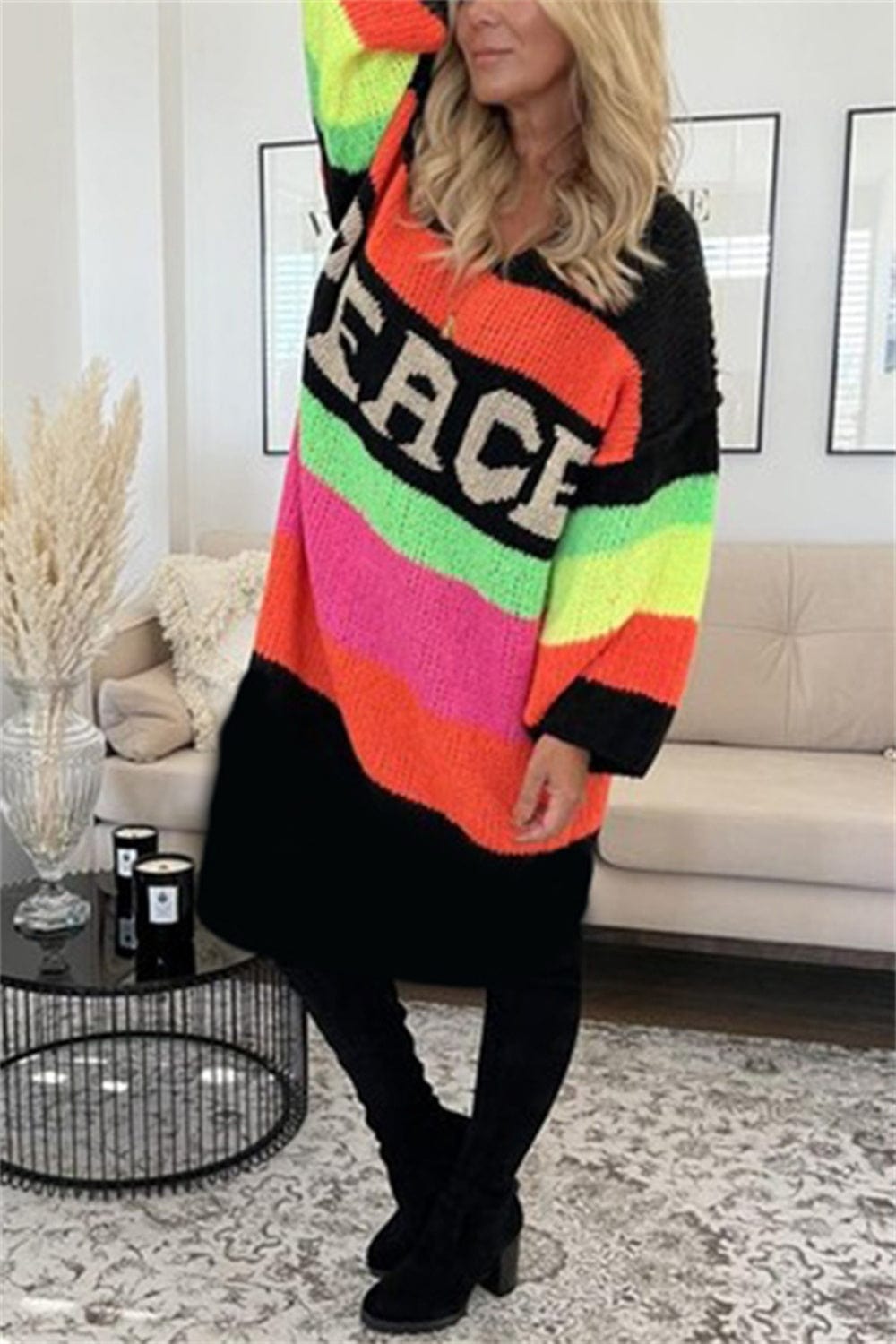 Trendsi Fall Black / S/M Color Block V-Neck Long Sleeve Sweater Dress Color Block V-Neck Long Sleeve Sweater Dress