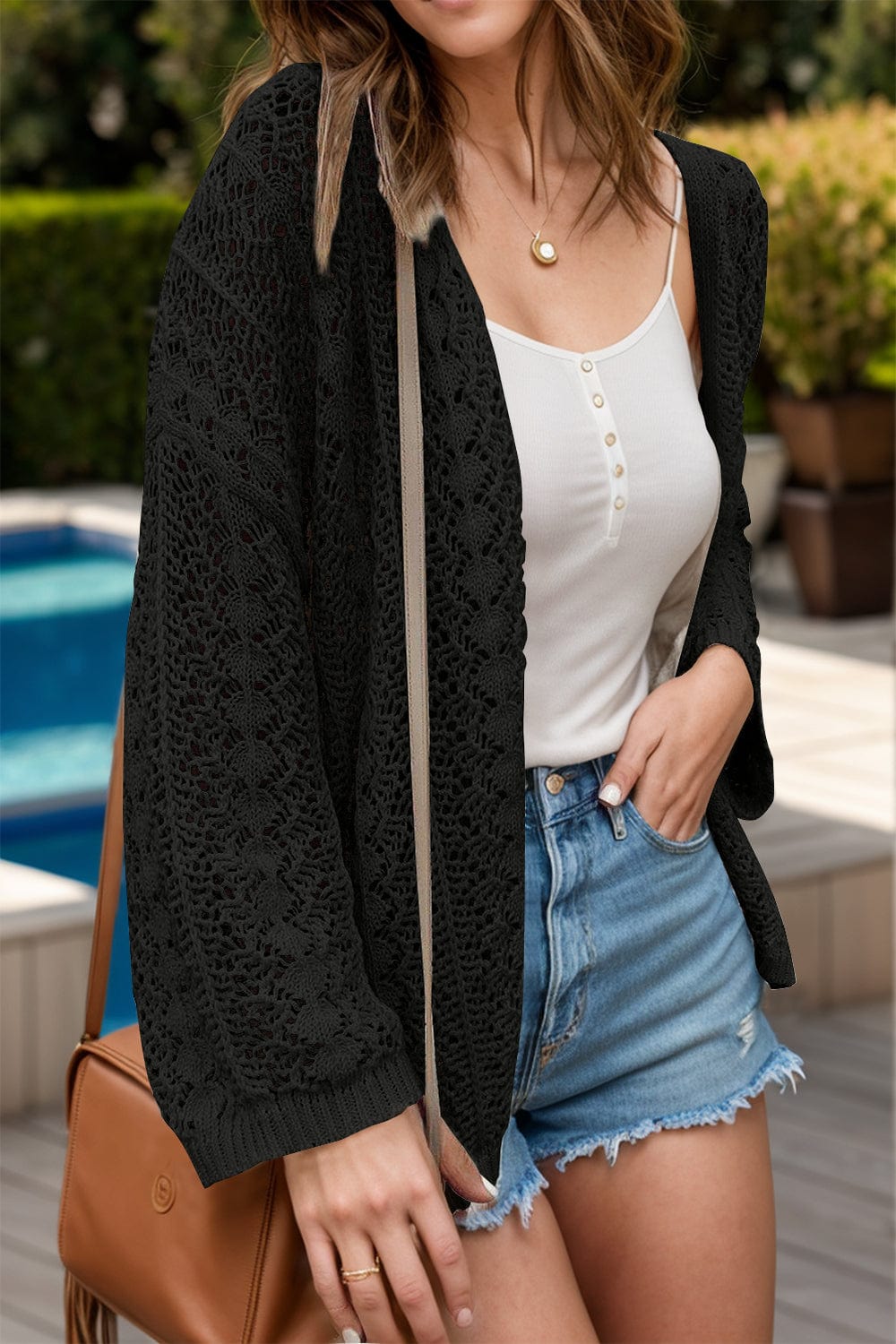 Trendsi Fall Black / S Openwork Open Front Dropped Shoulder Cardigan Openwork Open Front Dropped Shoulder Cardigan