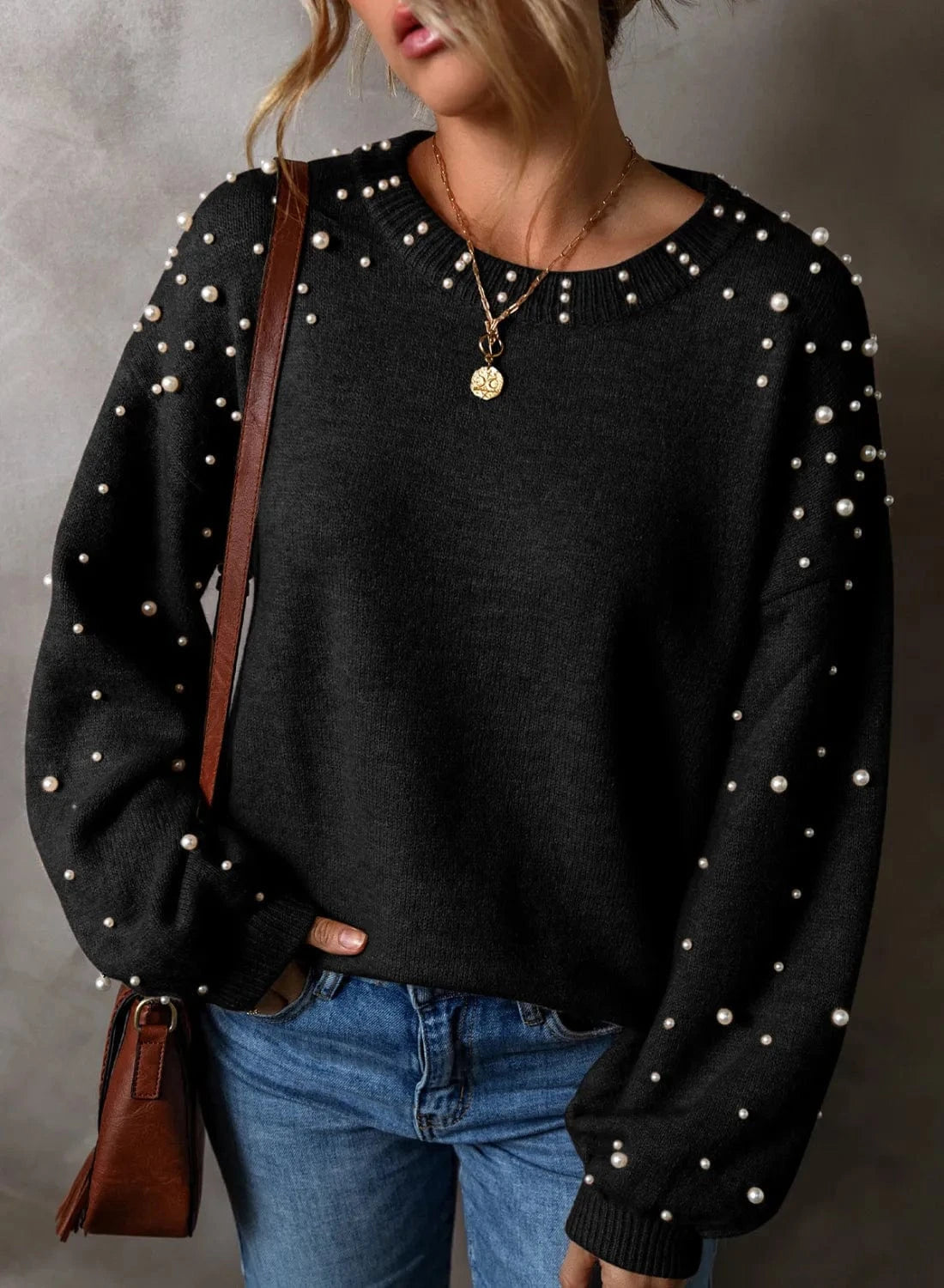 Trendsi Fall Black / S Pearl Detail Round Neck Long Sleeve Sweater Pearl Detail Round Neck Long Sleeve Sweater