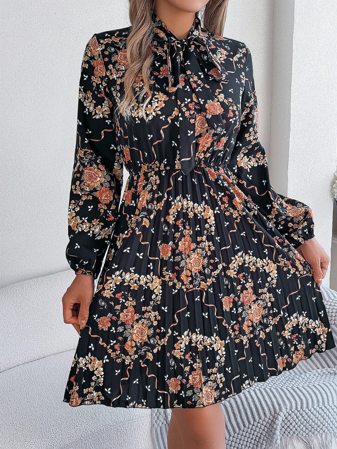 Trendsi Fall Black / S Pleated Printed Tie Neck Long Sleeve Dress Pleated Printed Tie Neck Long Sleeve Dress