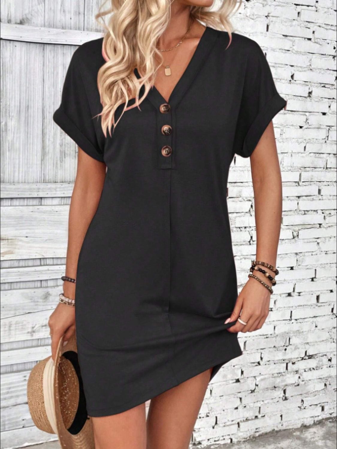 Trendsi Fall Black / S Quarter Button V-Neck Short Sleeve Dress Quarter Button V-Neck Short Sleeve Dress