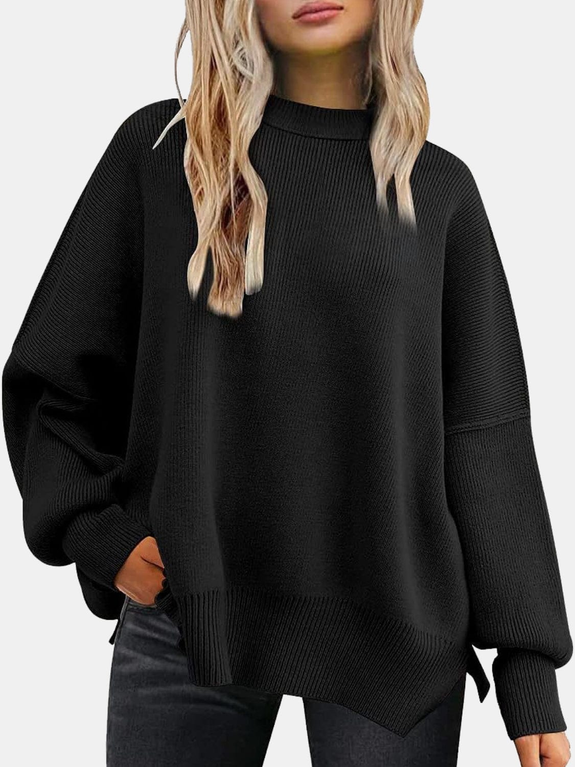 Trendsi Fall Black / S Round Neck Drop Shoulder Slit Sweater Round Neck Drop Shoulder Slit Sweater