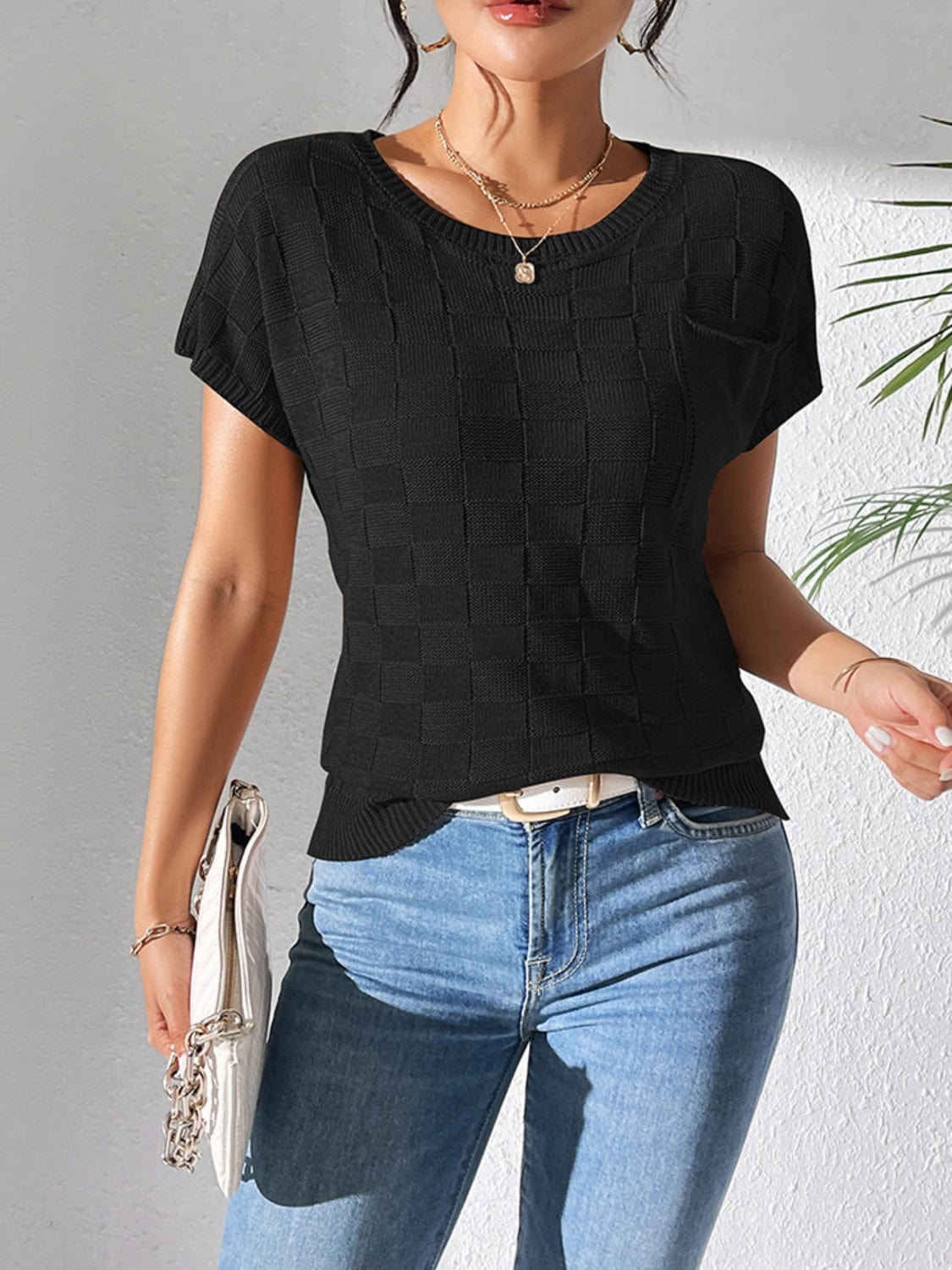 Trendsi Fall Black / S Round Neck Short Sleeve Knit Top Round Neck Short Sleeve Knit Top