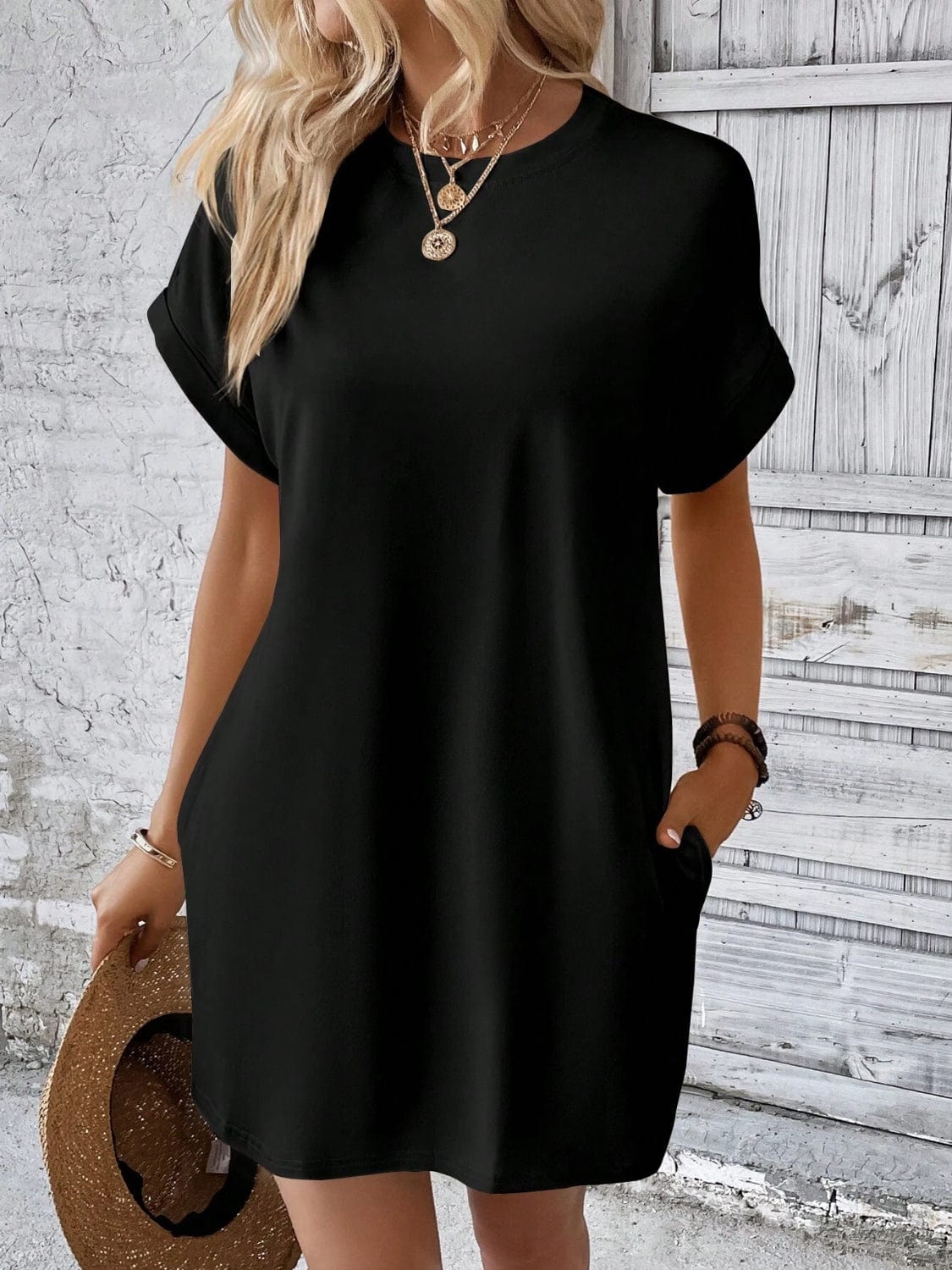 Trendsi Fall Black / S Round Neck Short Sleeve Mini Dress Round Neck Short Sleeve Mini Dress