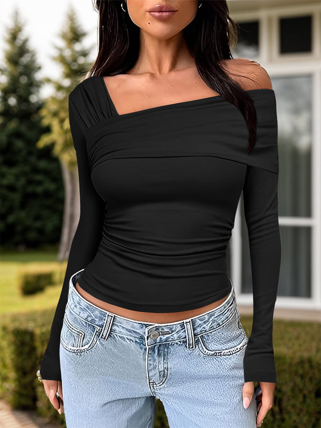 Trendsi Fall Black / S Ruched One Shoulder Long Sleeve T-Shirt Ruched One Shoulder Long Sleeve T-Shirt