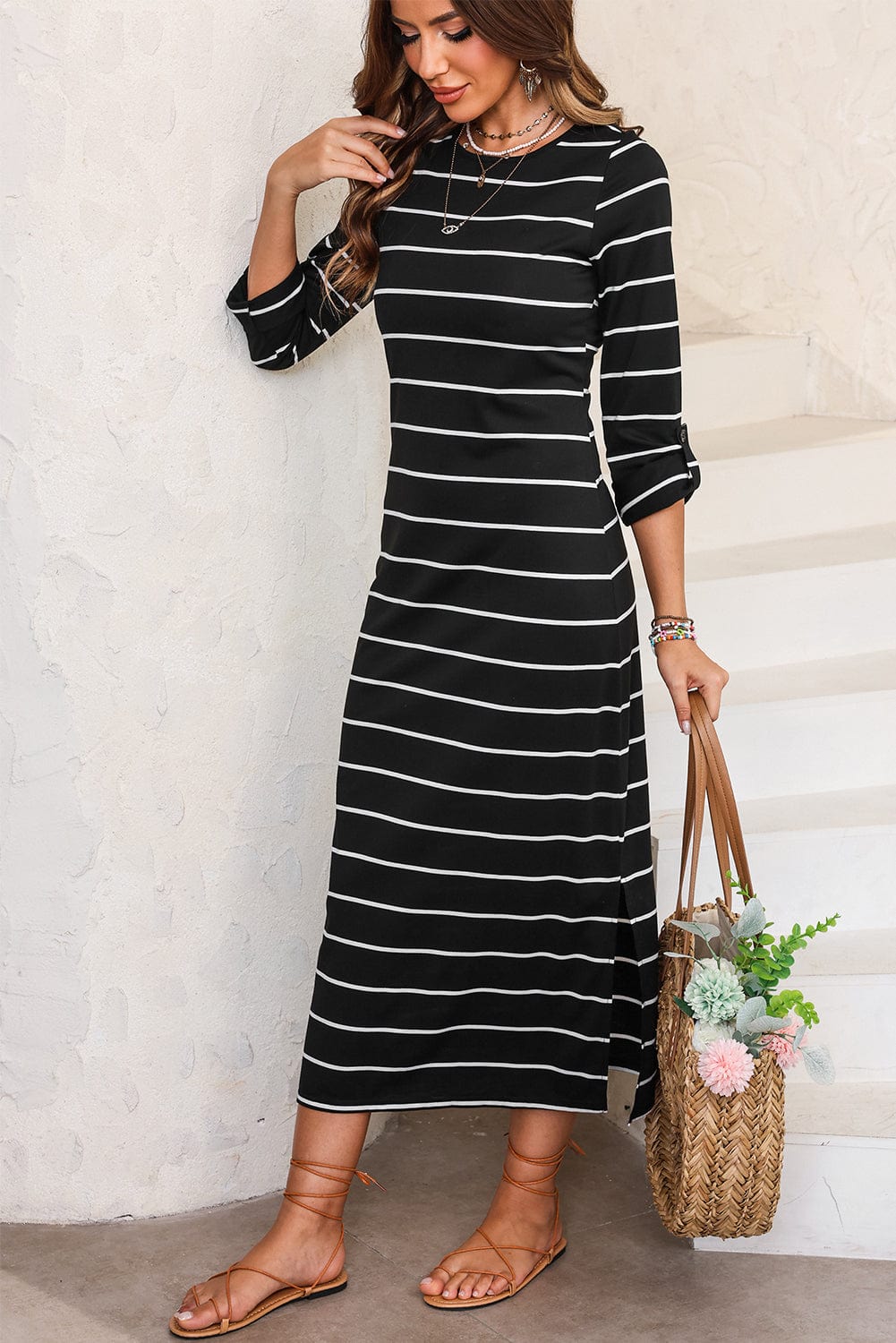 Trendsi Fall Black / S Slit Striped Round Neck Midi Dress Slit Striped Round Neck Midi Dress