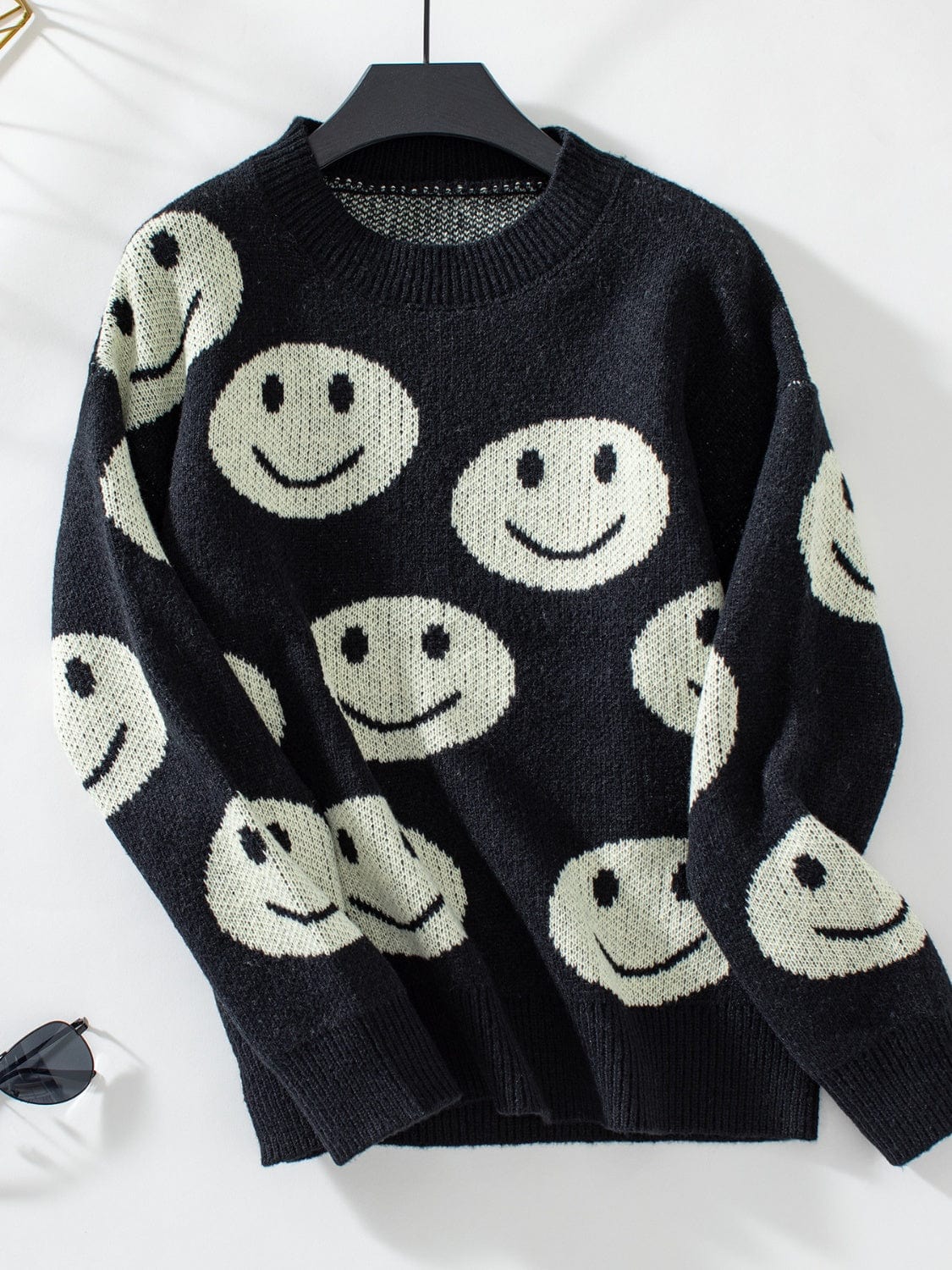 Trendsi Fall Black / S Smile Pattern Round Neck Long Sleeve Sweater Smile Pattern Round Neck Long Sleeve Sweater