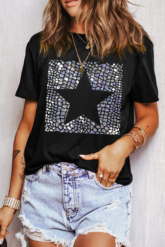 Trendsi Fall Black / S Star Round Neck Short Sleeve T-Shirt Star Round Neck Short Sleeve T-Shirt
