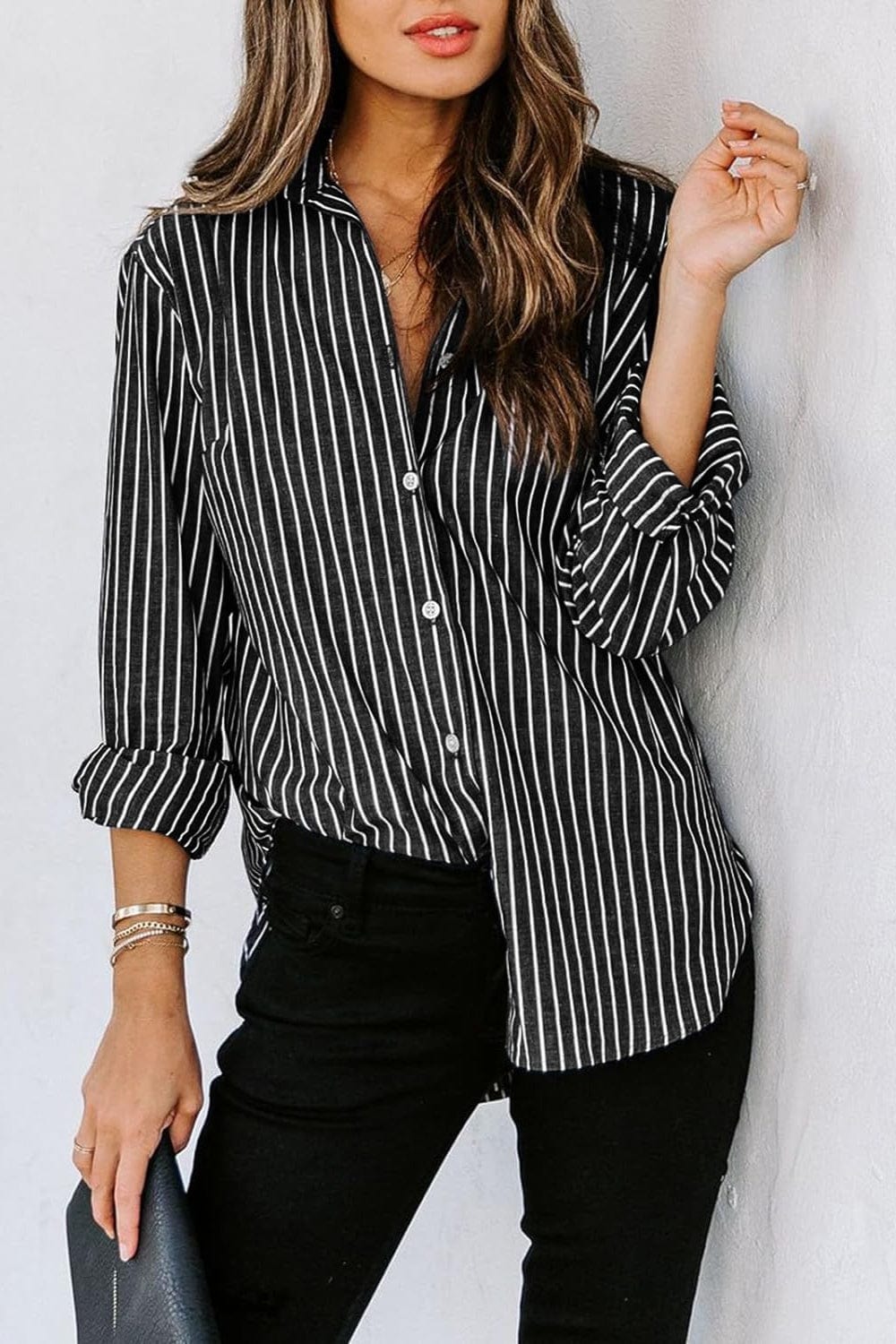 Trendsi Fall Black / S Striped Button Up Long Sleeve Shirt Striped Button Up Long Sleeve Shirt