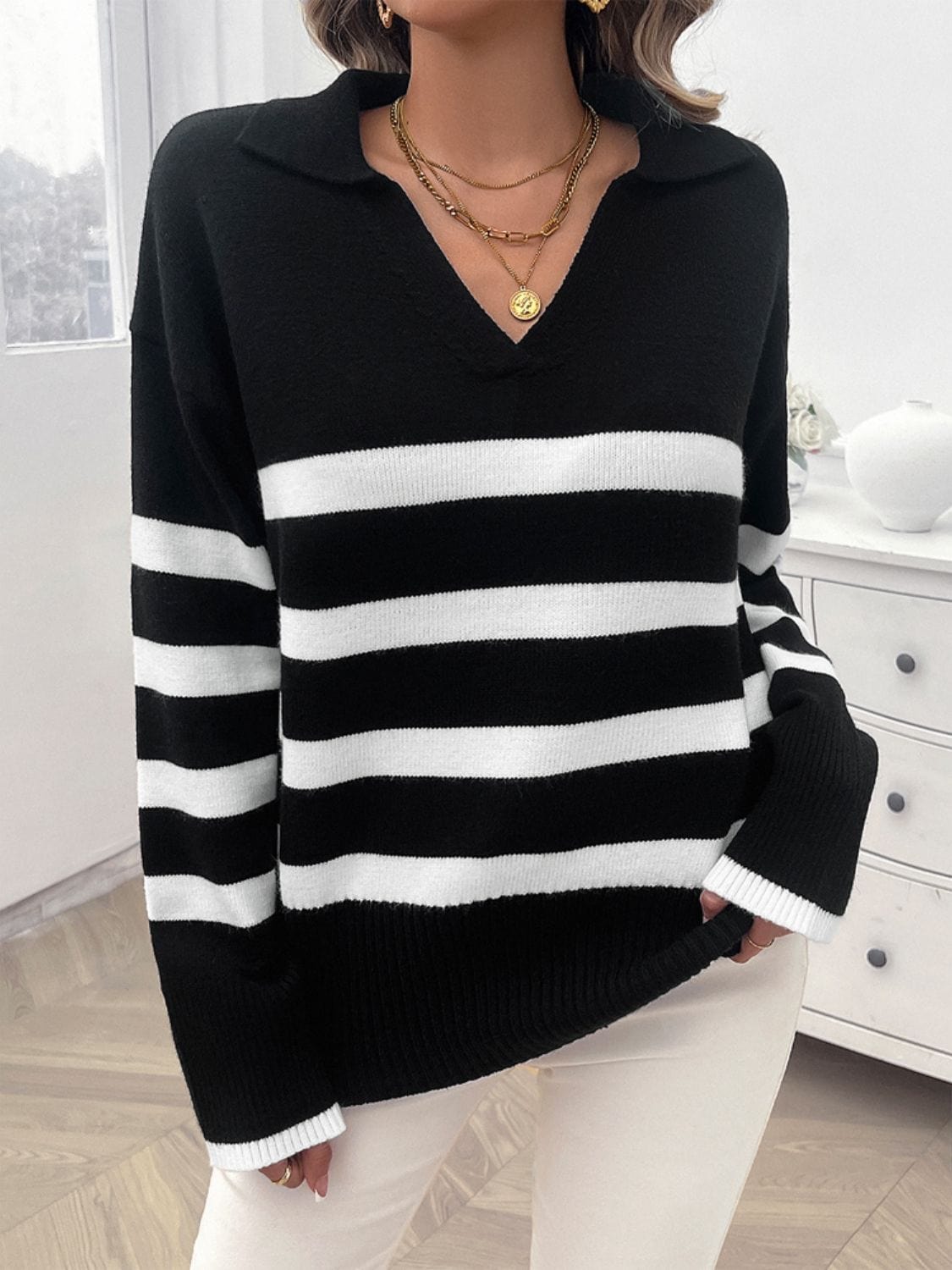 Trendsi Fall Black / S Striped Collared Neck Long Sleeve Sweater Striped Collared Neck Long Sleeve Sweater