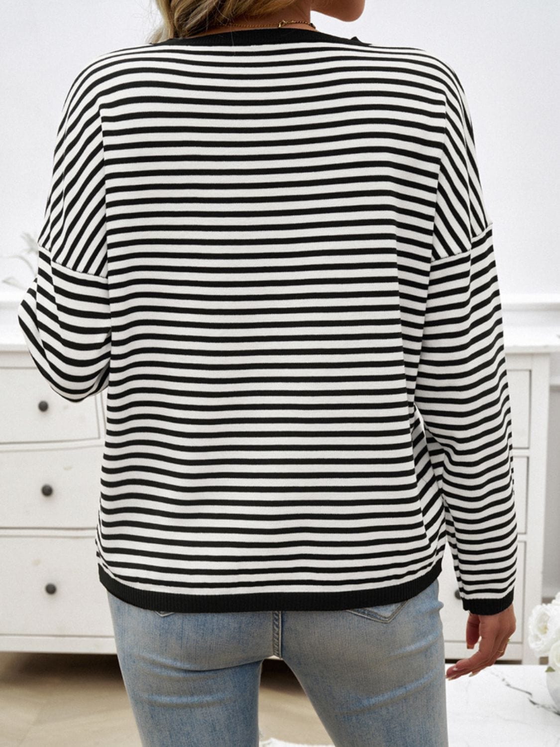 Trendsi Fall Black / S Striped Round Neck Dropped Shoulder Sweater Striped Round Neck Dropped Shoulder Sweater