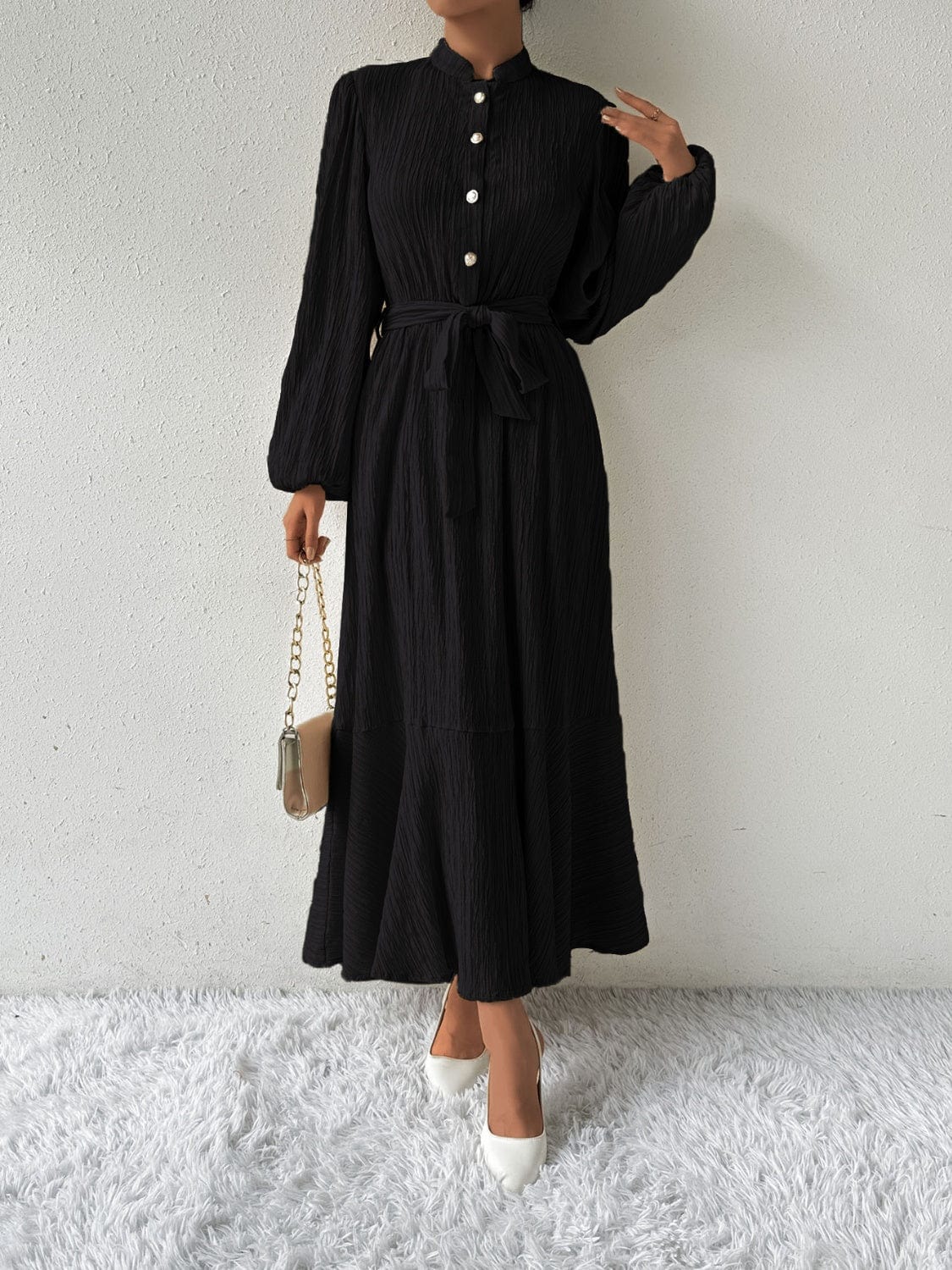 Trendsi Fall Black / S Tie Waist Long Sleeve Dress Tie Waist Long Sleeve Dress