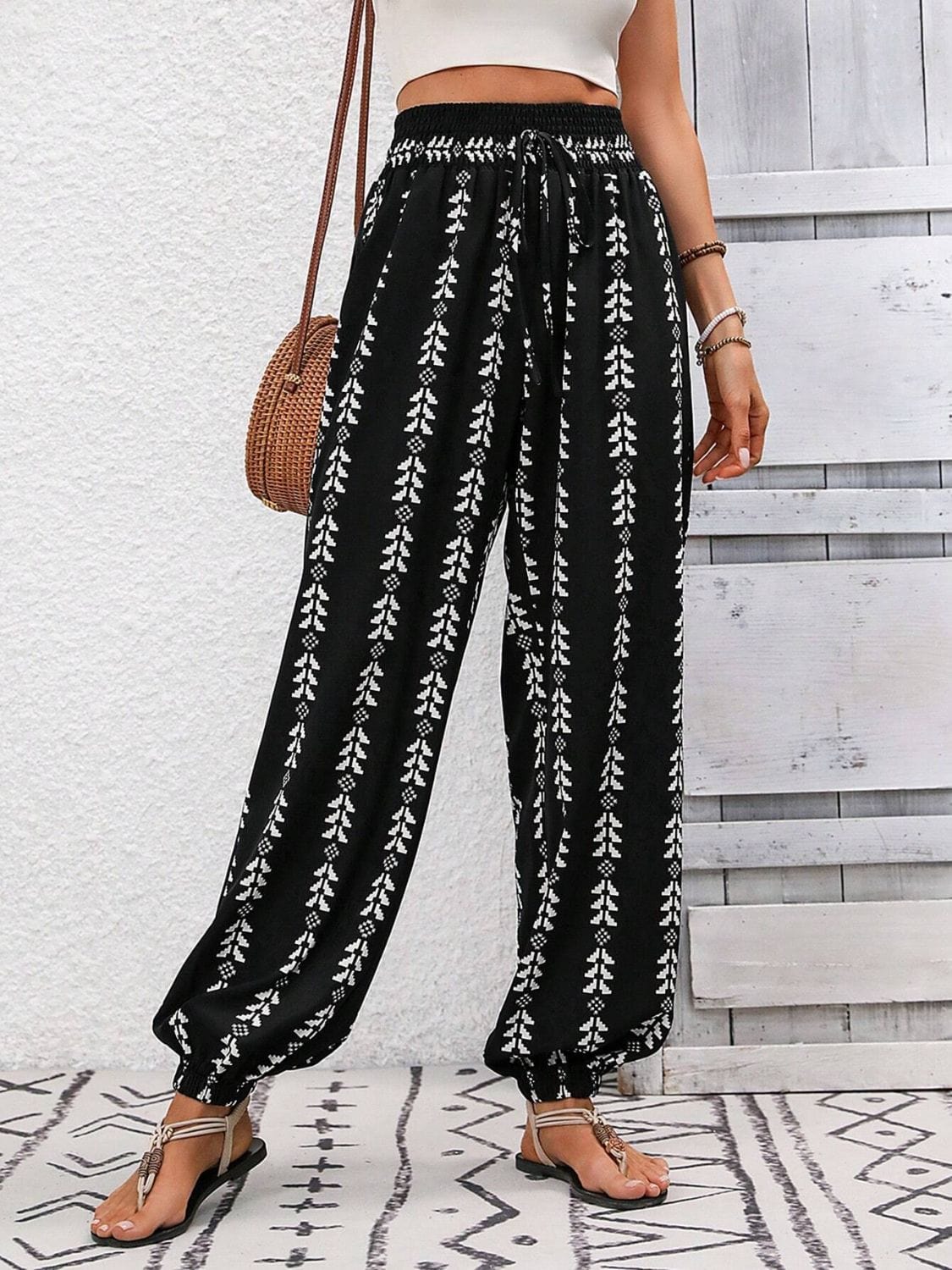 Trendsi Fall Black / S Tied Printed High Waist Pants Tied Printed High Waist Pants