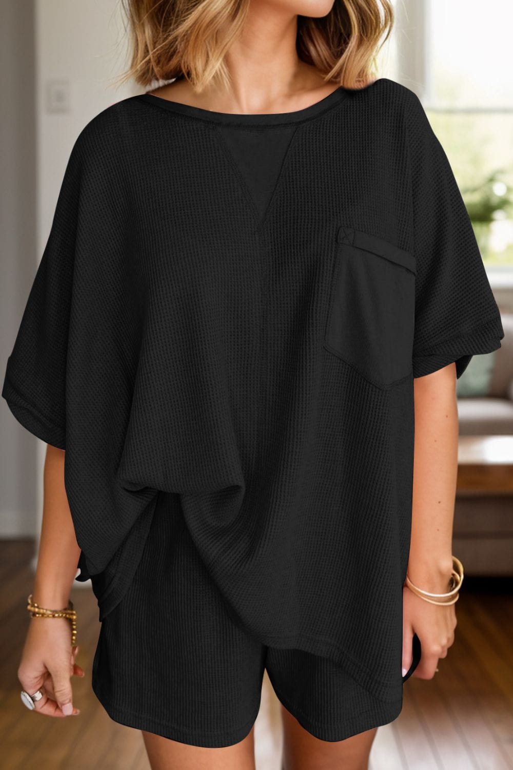 Trendsi Fall Black / S Waffle-Knit Half Sleeve Top and Shorts Set Waffle-Knit Half Sleeve Top and Shorts Set