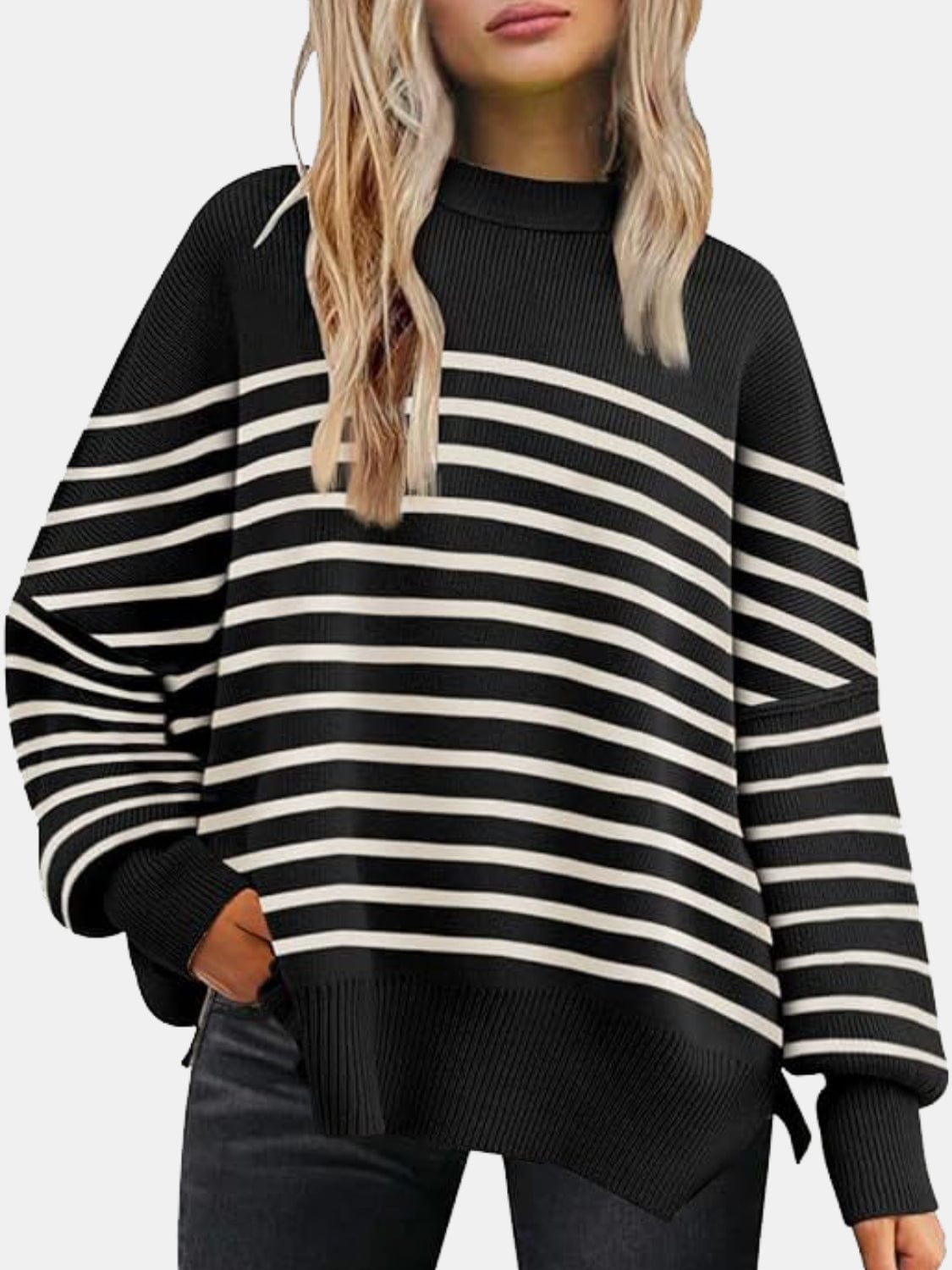 Trendsi Fall Black/White / S Round Neck Drop Shoulder Slit Sweater Round Neck Drop Shoulder Slit Sweater
