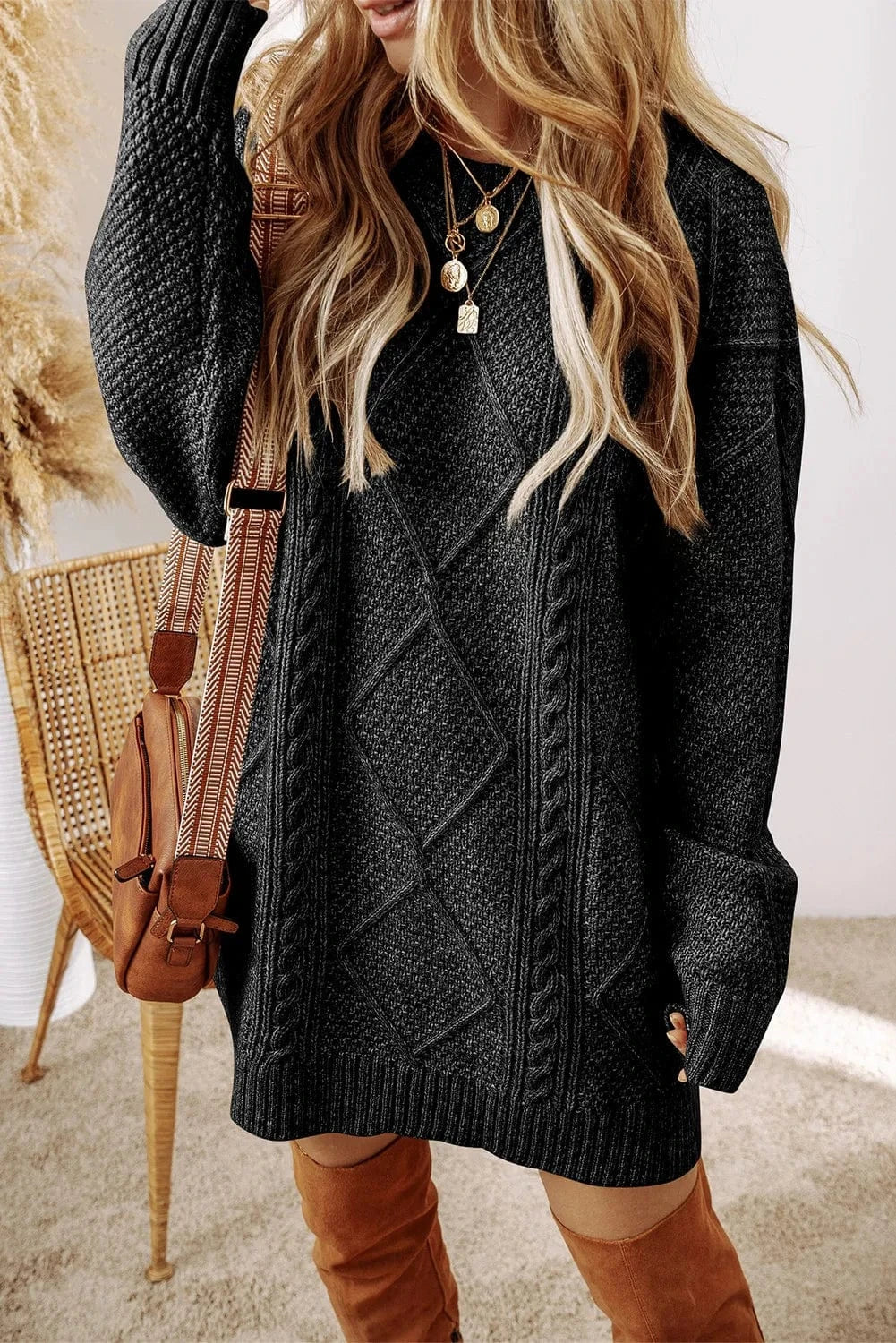 Trendsi Fall Black / XL Cable-Knit Round Neck Sweater Dress Cable-Knit Round Neck Sweater Dress