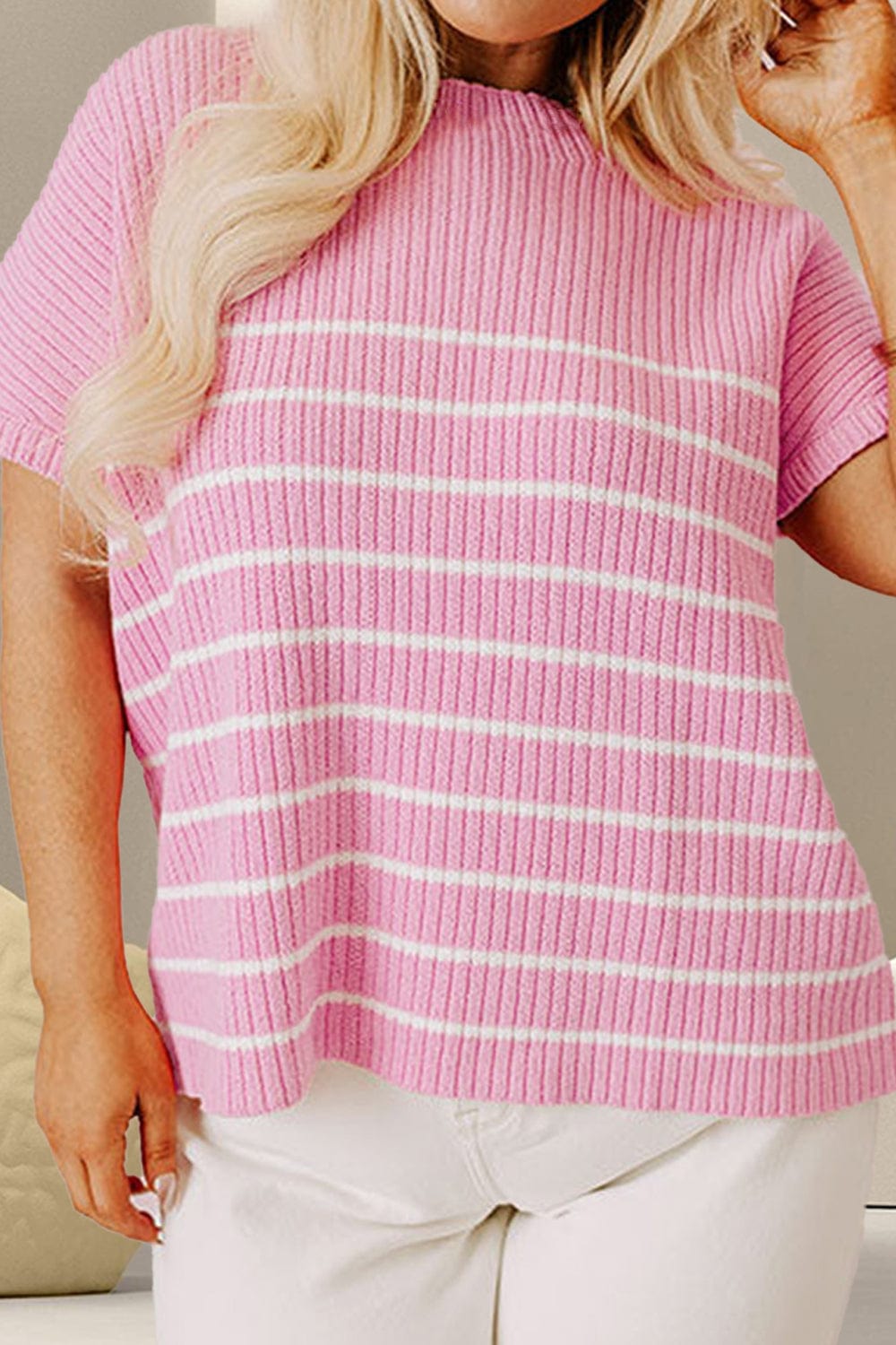 Trendsi Fall Blush Pink / 1XL Plus Size Striped Round Neck Cap Sleeve Knit Top Plus Size Striped Round Neck Cap Sleeve Knit Top