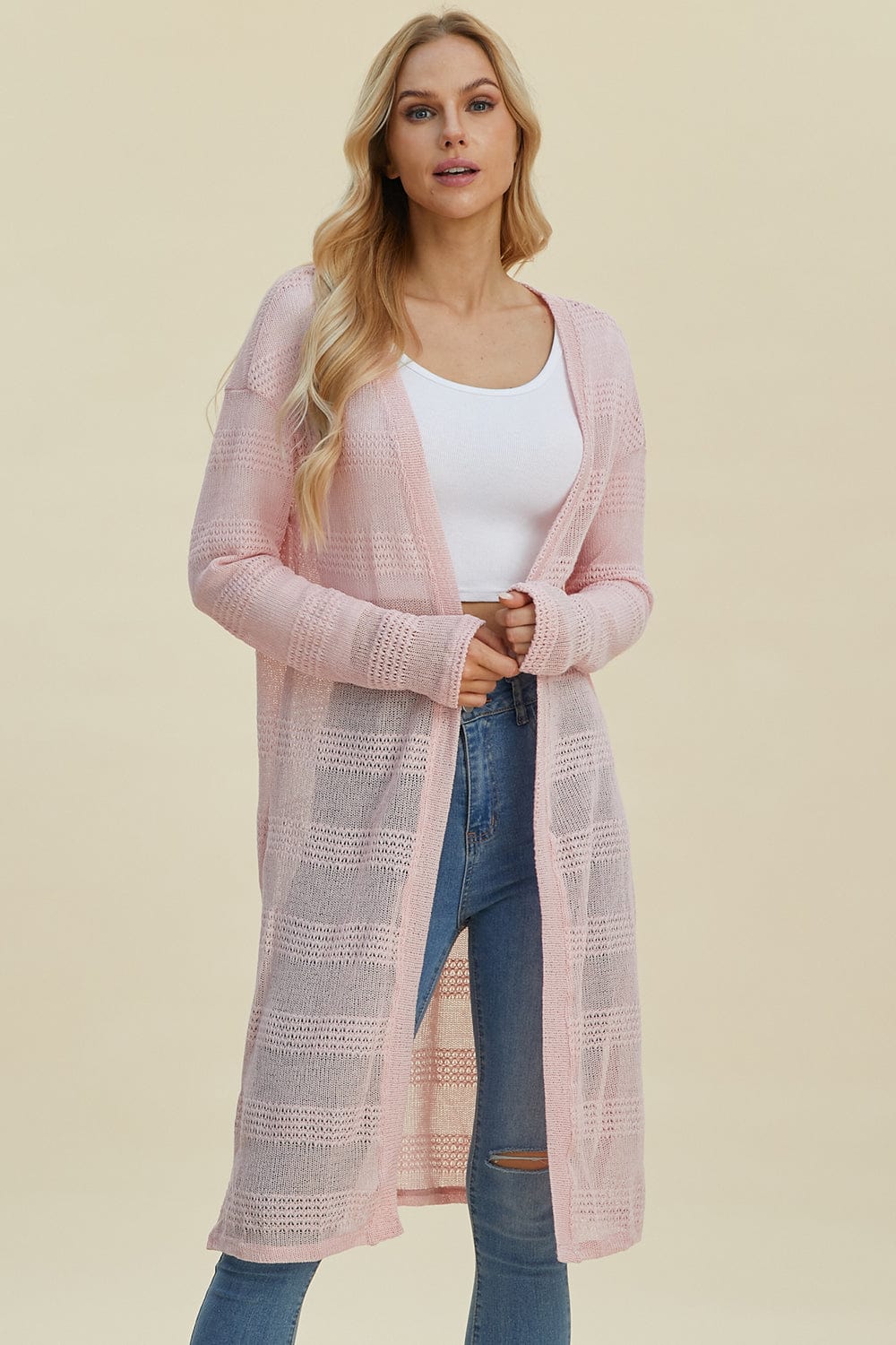 Trendsi Fall Blush Pink / S Double Take Full Size Open Front Longline Cardigan Double Take Full Size Open Front Longline Cardigan