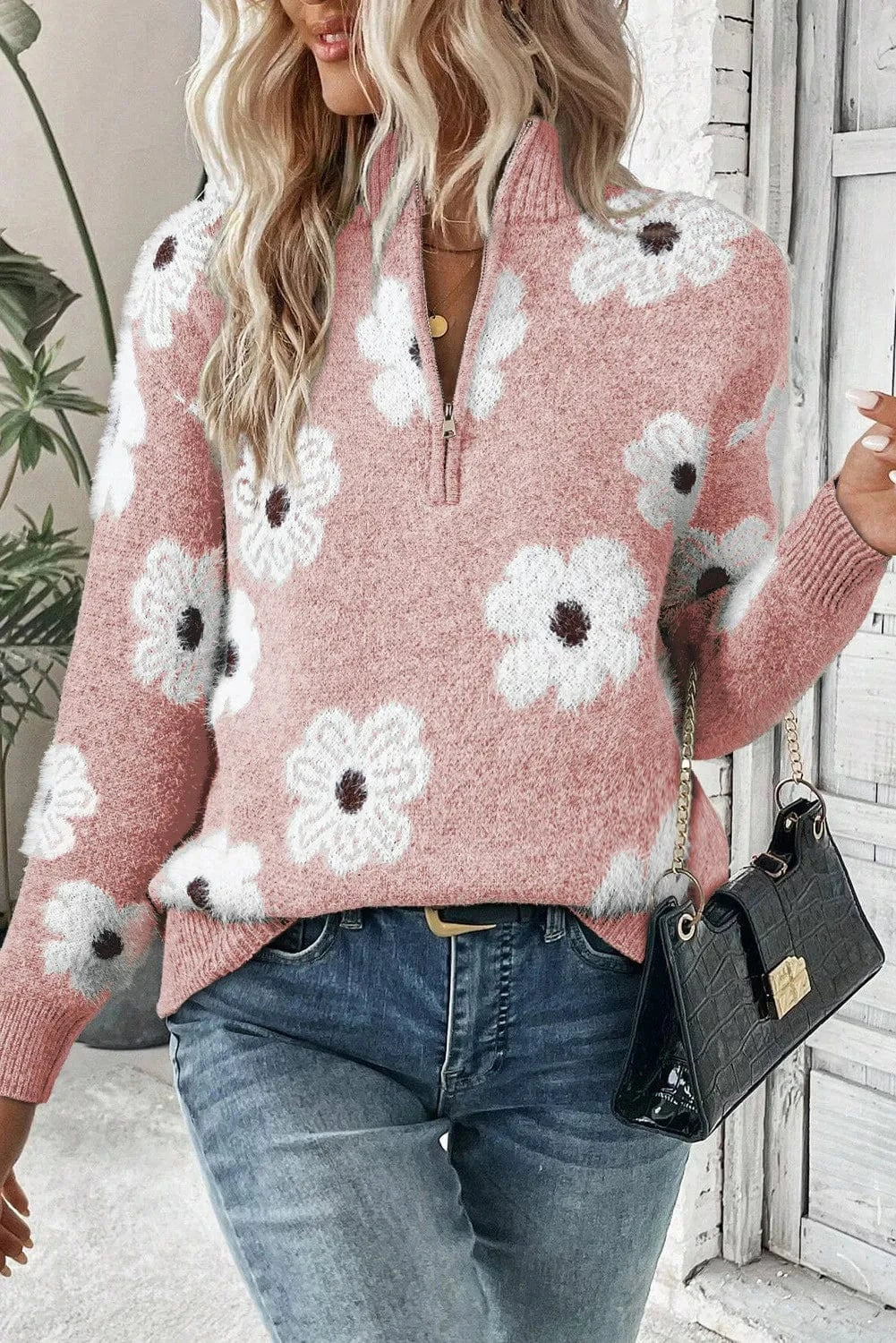 Trendsi Fall Blush Pink / S Flower Half Zip Long Sleeve Sweater Flower Half Zip Long Sleeve Sweater