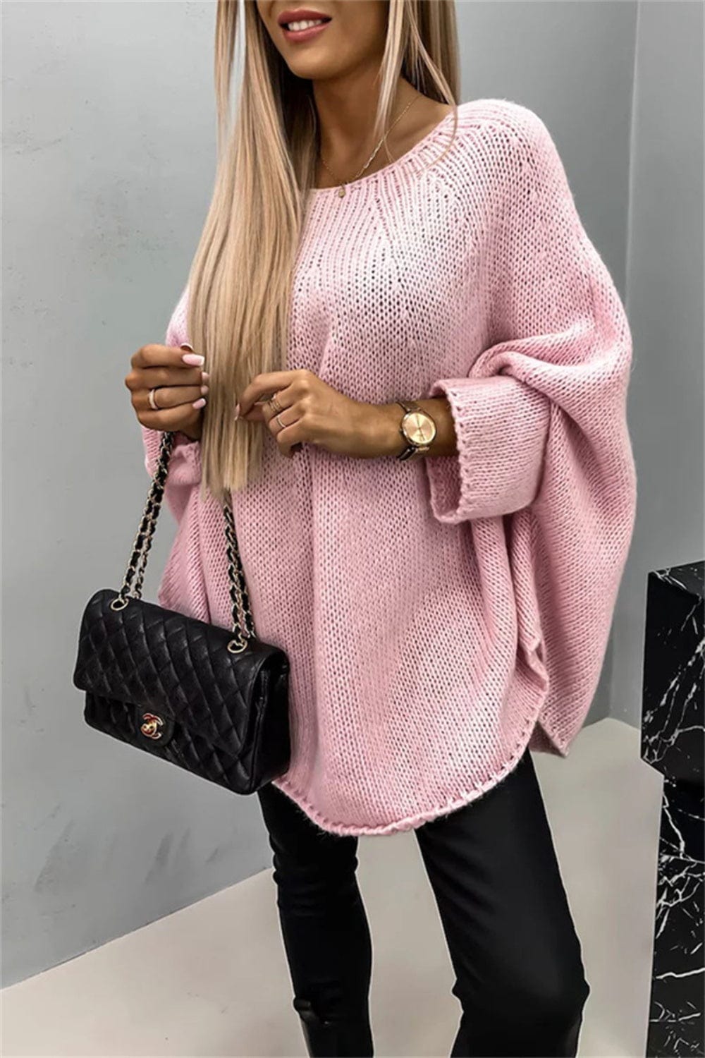 Trendsi Fall Blush Pink / S/M Round Neck Batwing Sleeve Sweater Round Neck Batwing Sleeve Sweater