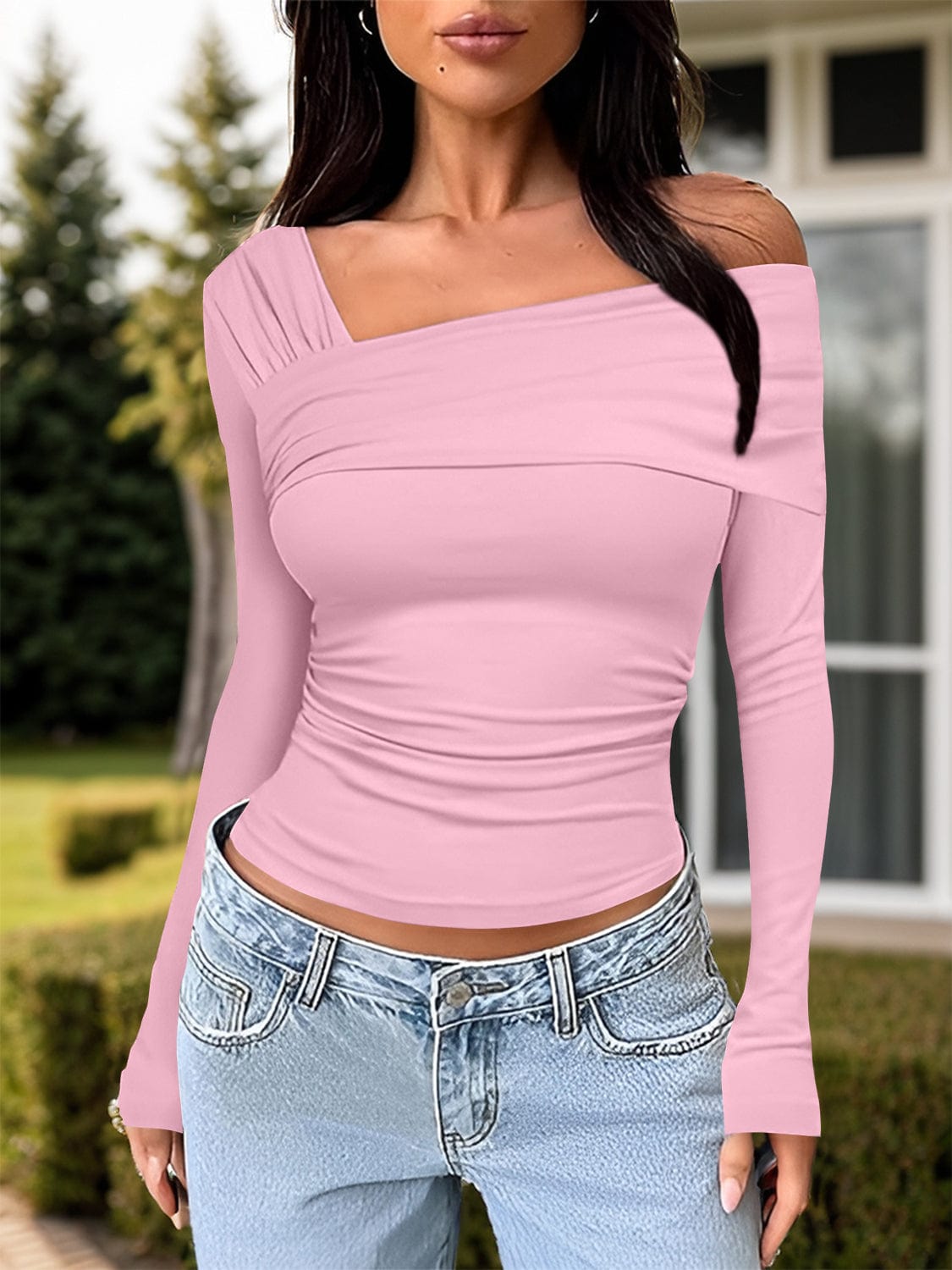 Trendsi Fall Blush Pink / S Ruched One Shoulder Long Sleeve T-Shirt Ruched One Shoulder Long Sleeve T-Shirt