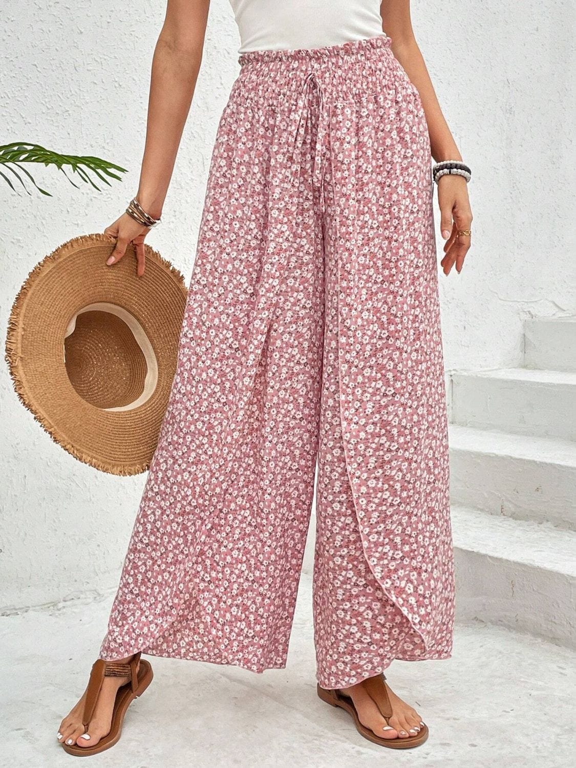 Trendsi Fall Blush Pink / S Tied Printed Wide Leg Pants Tied Printed Wide Leg Pants