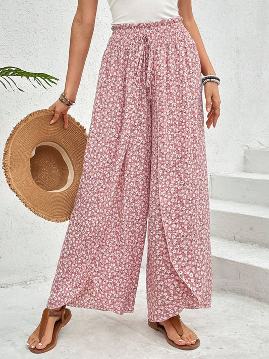 Trendsi Fall Blush Pink / S Tied Printed Wide Leg Pants Tied Printed Wide Leg Pants