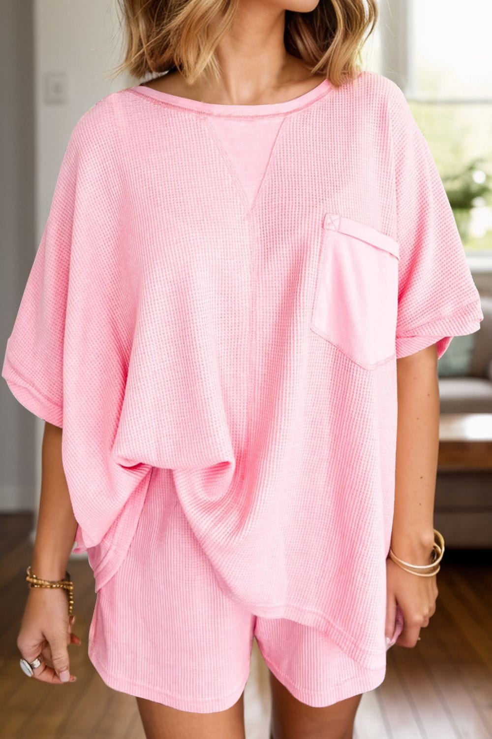 Trendsi Fall Blush Pink / S Waffle-Knit Half Sleeve Top and Shorts Set Waffle-Knit Half Sleeve Top and Shorts Set