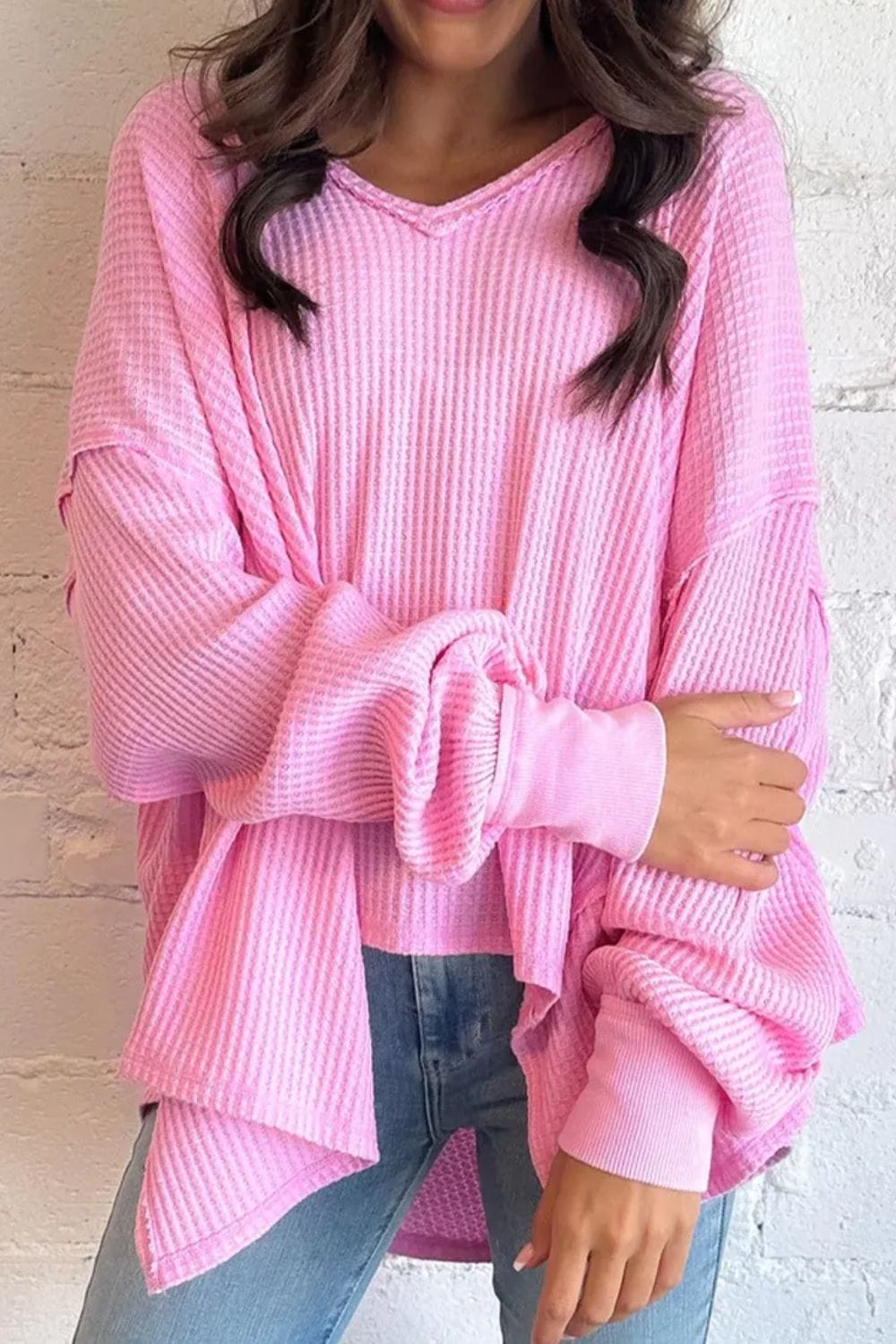 Trendsi Fall Blush Pink / S Waffle-Knit V-Neck Long Sleeve Blouse Waffle-Knit V-Neck Long Sleeve Blouse