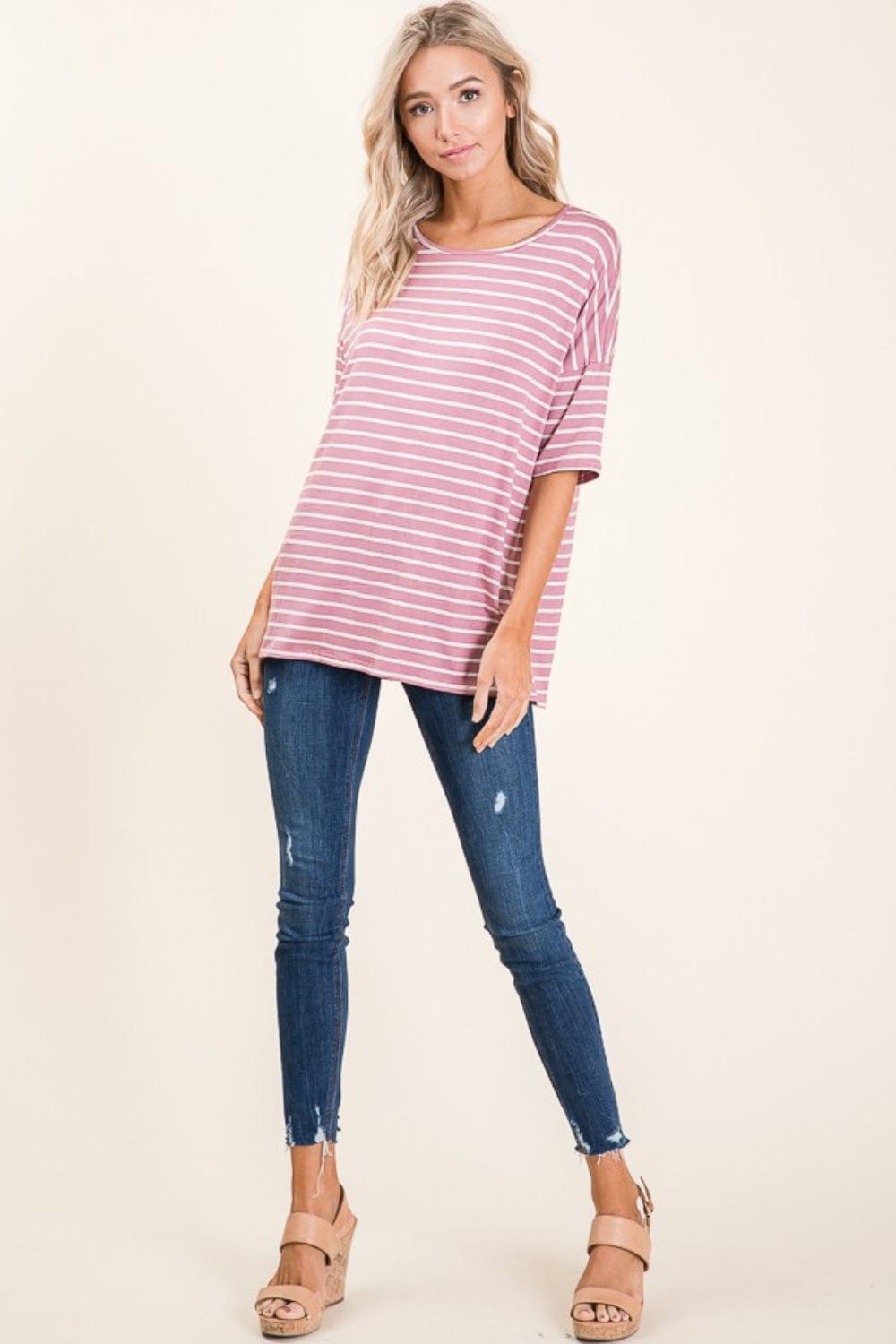 Trendsi Fall BOMBOM Striped Round Neck Half Sleeve T-Shirt BOMBOM Striped Round Neck Half Sleeve T-Shirt