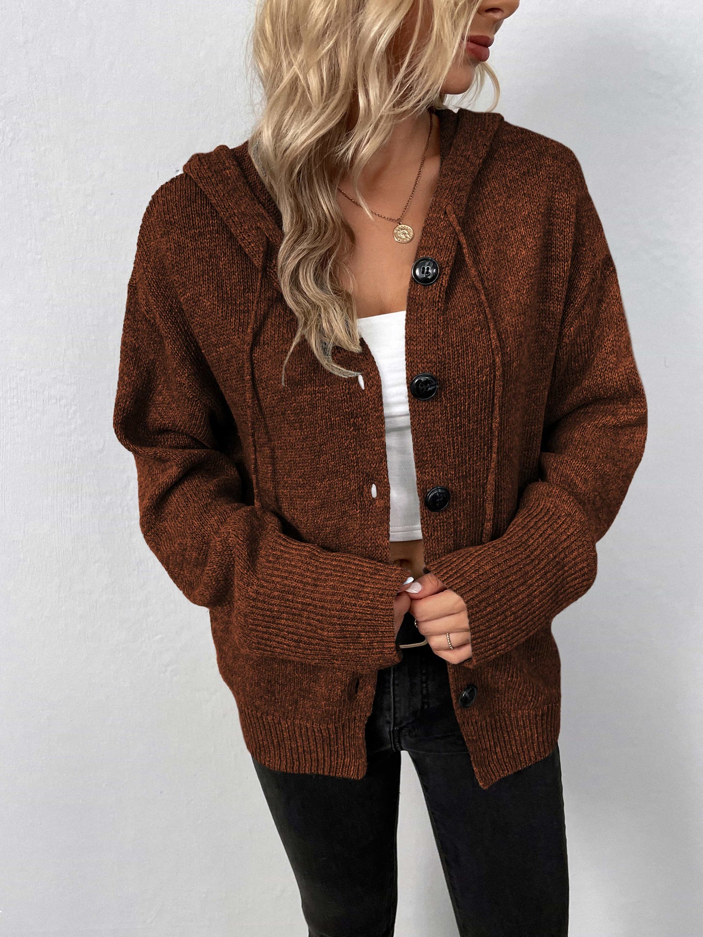 Trendsi Fall Brown / S Button-Down Long Sleeve Hooded Sweater Button-Down Long Sleeve Hooded Sweater