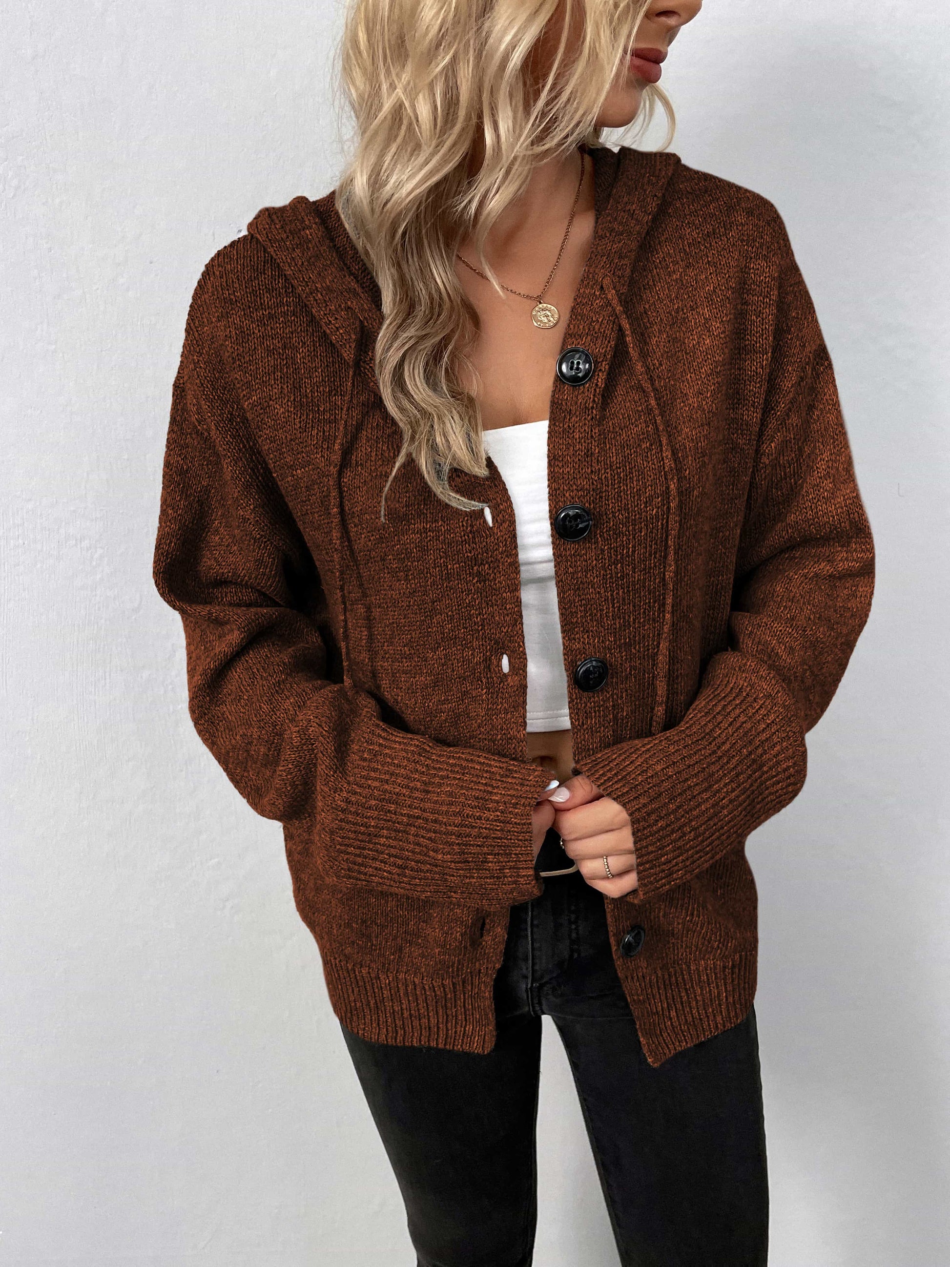 Trendsi Fall Brown / S Button-Down Long Sleeve Hooded Sweater Button-Down Long Sleeve Hooded Sweater