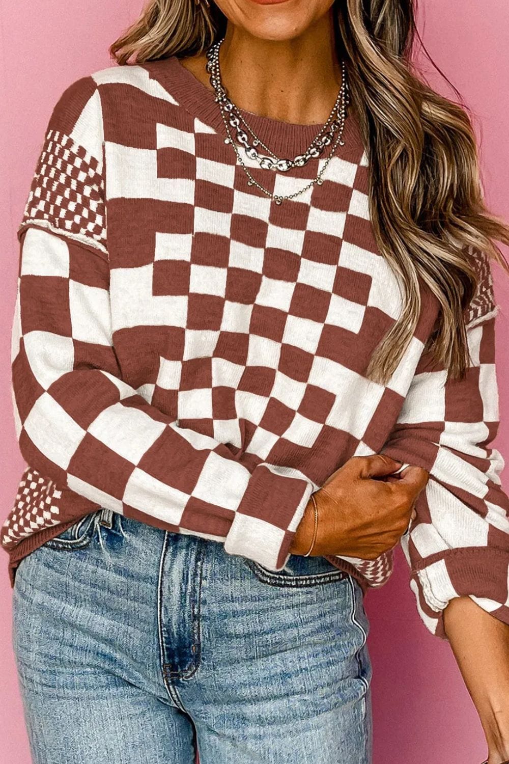 Trendsi Fall Brown / S Checkered Round Neck Long Sleeve Sweater Checkered Round Neck Long Sleeve Sweater