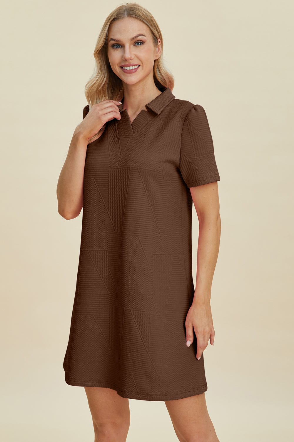 Trendsi Fall Brown / S Double Take Full Size Texture Short Sleeve Dress Double Take Full Size Texture Short Sleeve Dress