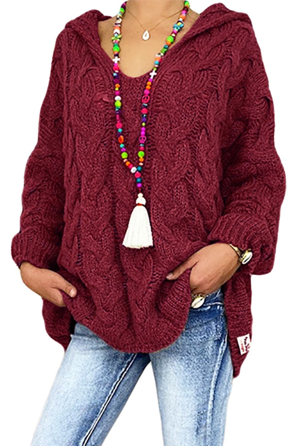 Trendsi Fall Burgundy / S Cable-Knit Hooded Sweater Cable-Knit Hooded Sweater