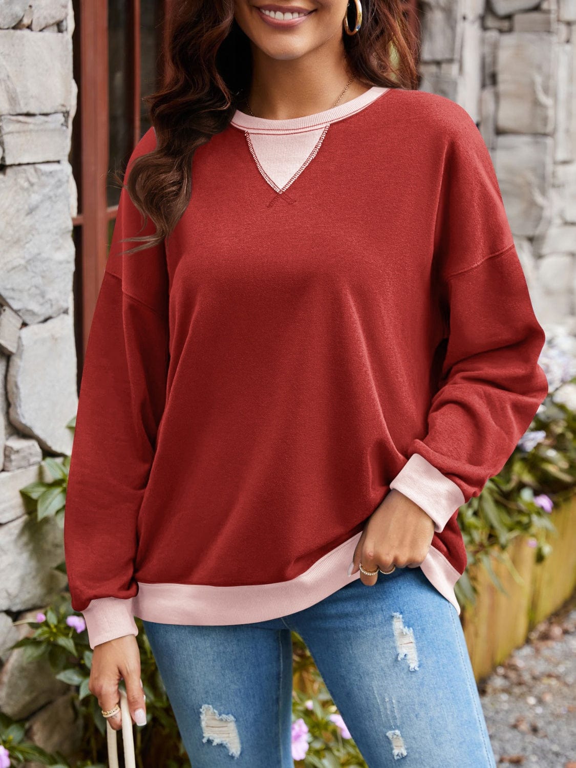 Trendsi Fall Burgundy / S Contrast Round Neck Long Sleeve Sweatshirt Contrast Round Neck Long Sleeve Sweatshirt