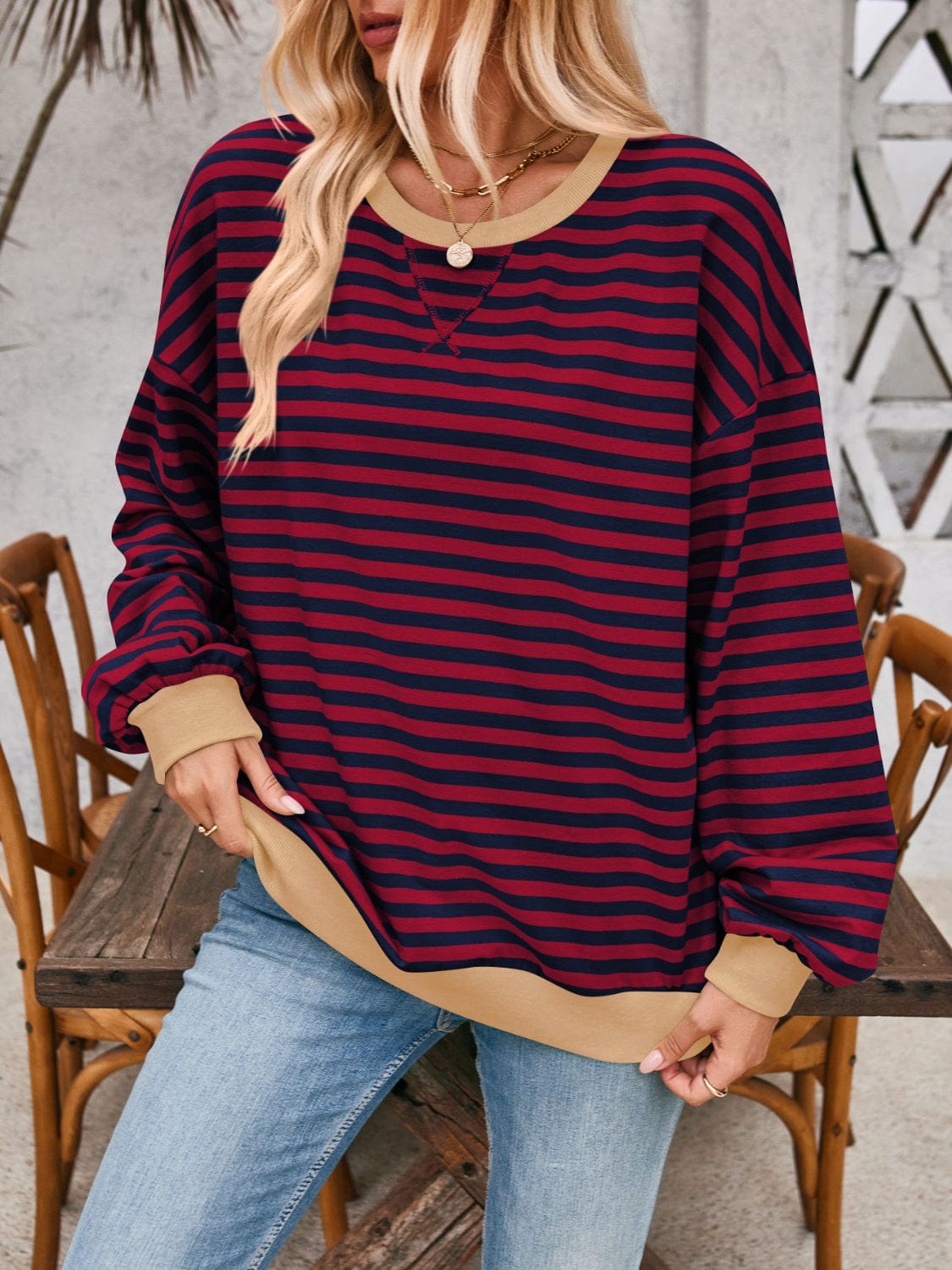 Trendsi Fall Burgundy / S Contrast Striped Long Sleeve Sweatshirt Contrast Striped Long Sleeve Sweatshirt