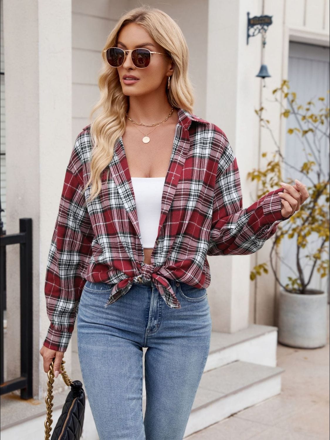 Trendsi Fall Burgundy / S Pocketed Plaid Collared Neck Long Sleeve Shirt Pocketed Plaid Collared Neck Long Sleeve Shirt