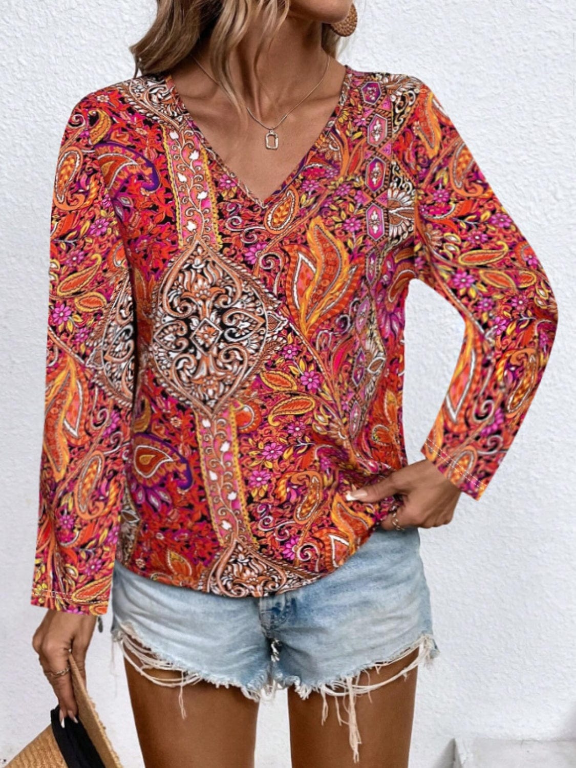 Trendsi Fall Burgundy / S Printed V-Neck Long Sleeve Blouse Printed V-Neck Long Sleeve Blouse